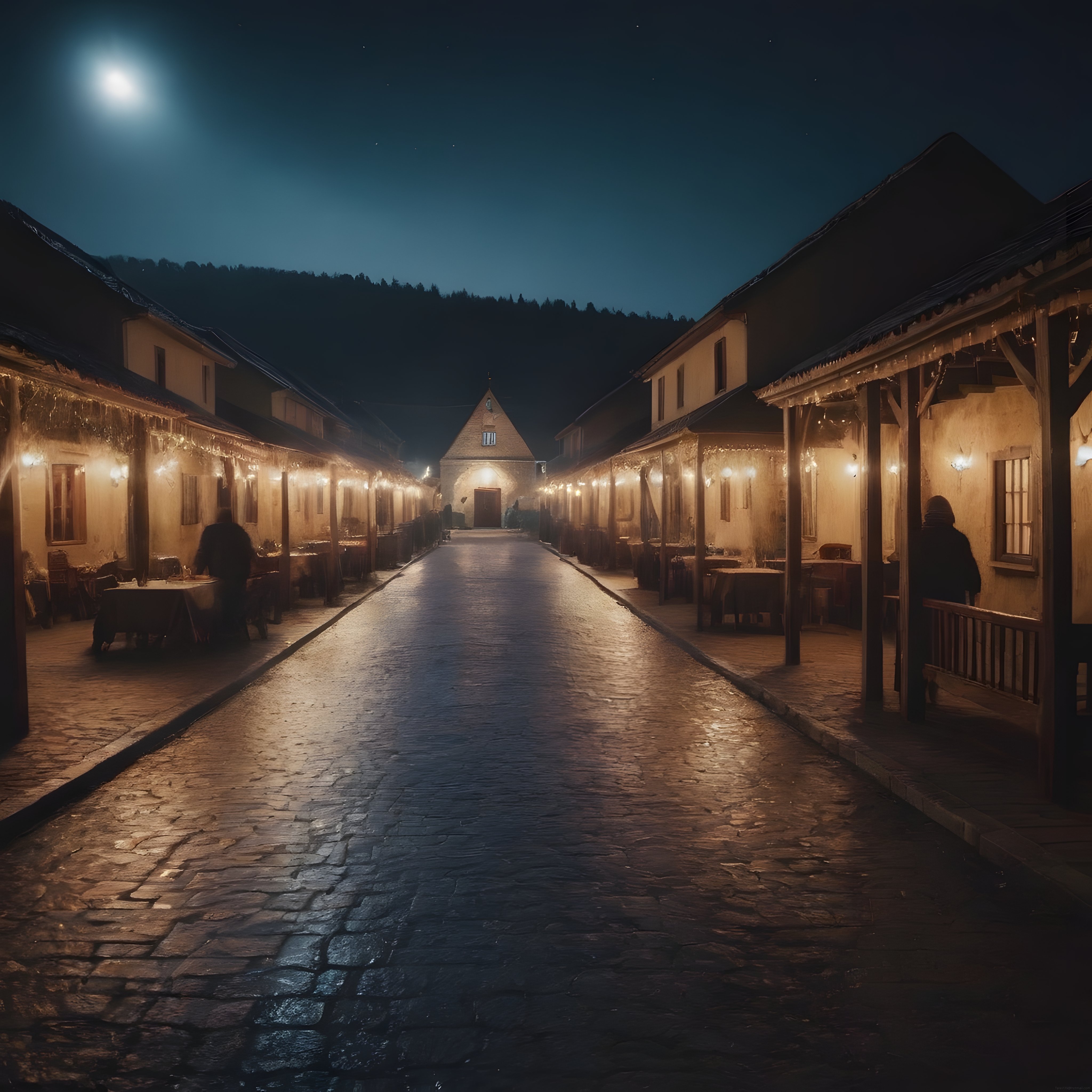 Dolunay Işığında Islak Taşların Parladığı Tarihi ve Huzurlu Gece Sokağı