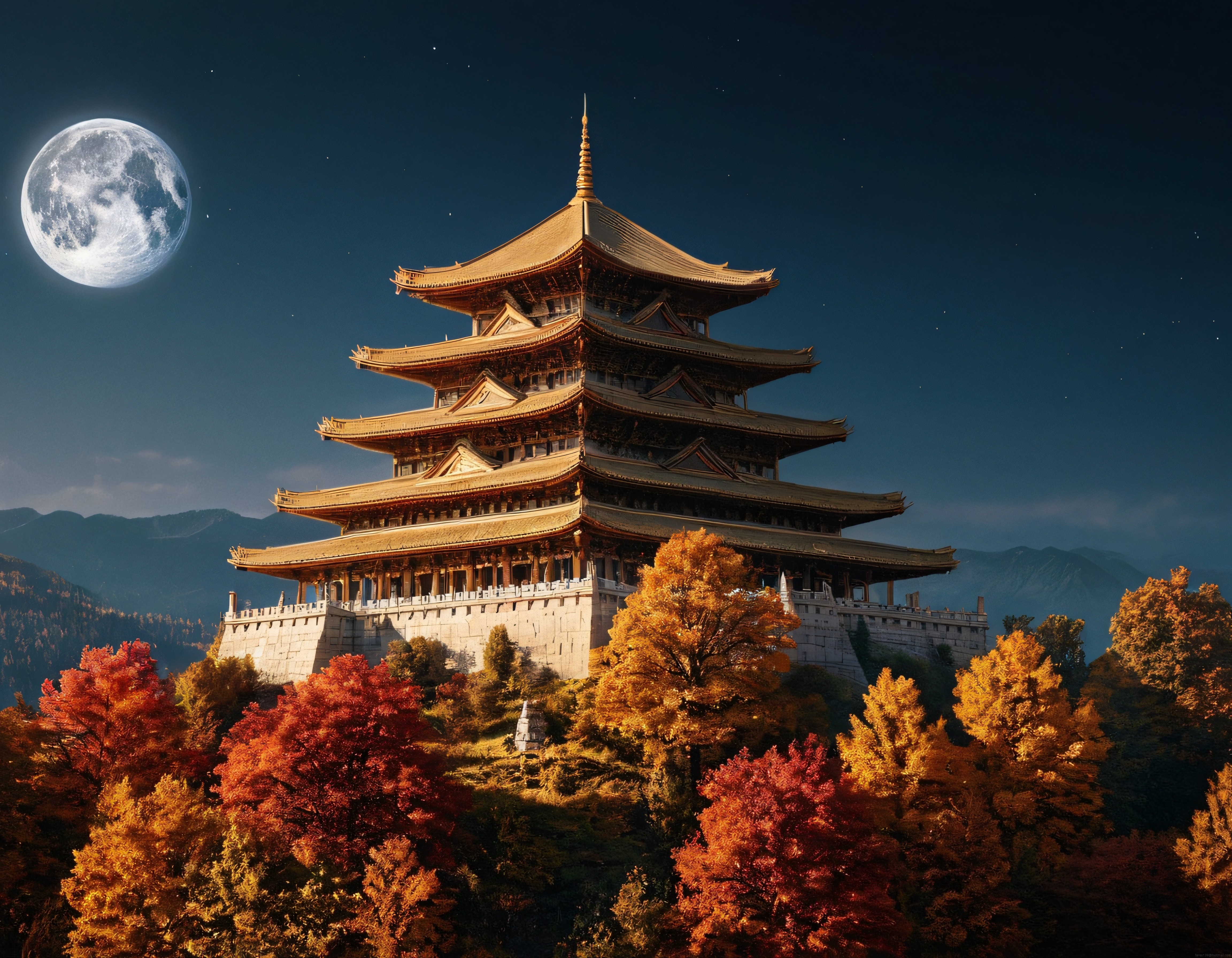 Dolunay Işığında Sonbahar Renkleriyle Süslü Uzakdoğu Pagoda Tapınağı ve Dağ Manzarası