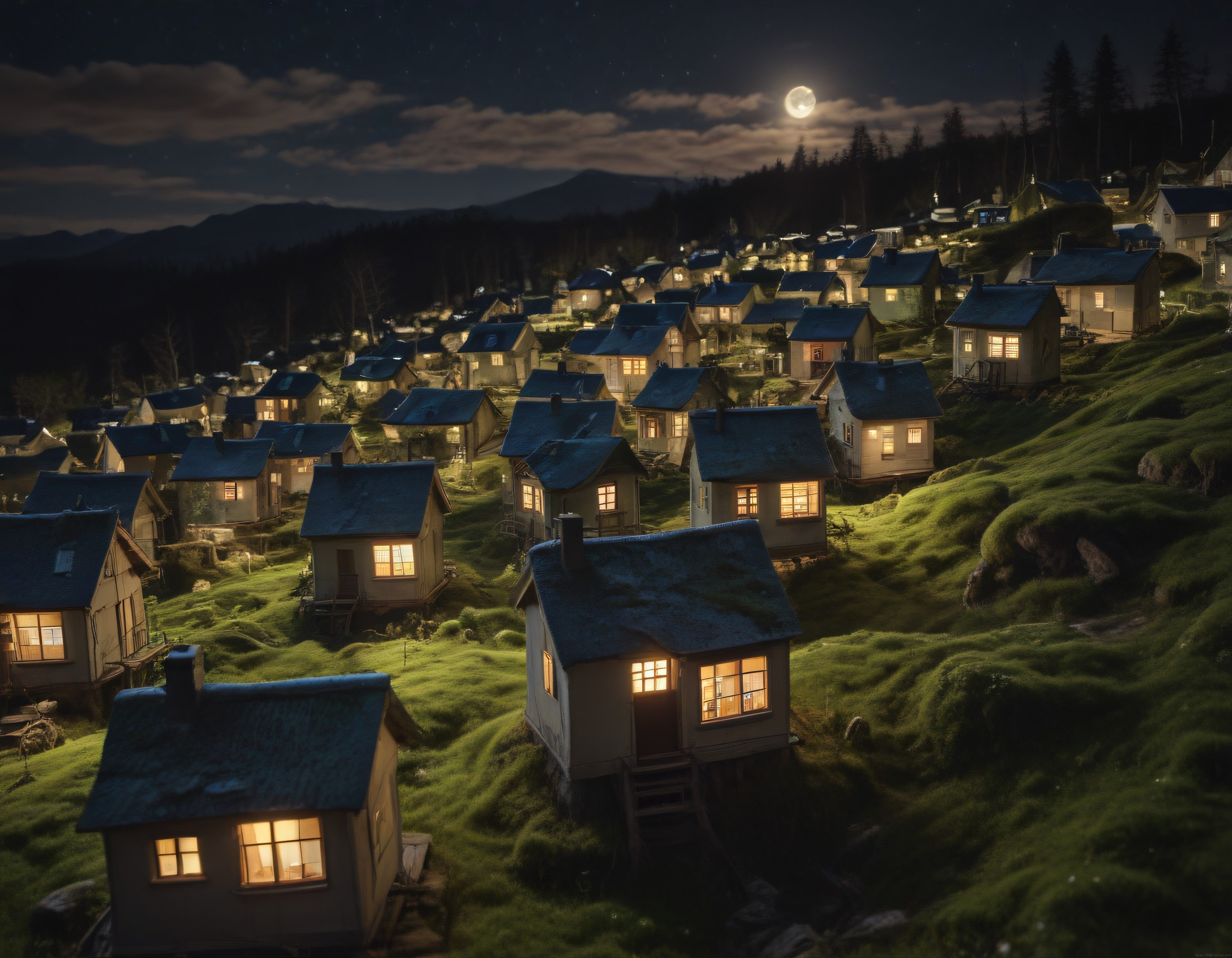 Dolunay ışığında yamaçta evleriyle sıcacık bir gece köyü manzarası
