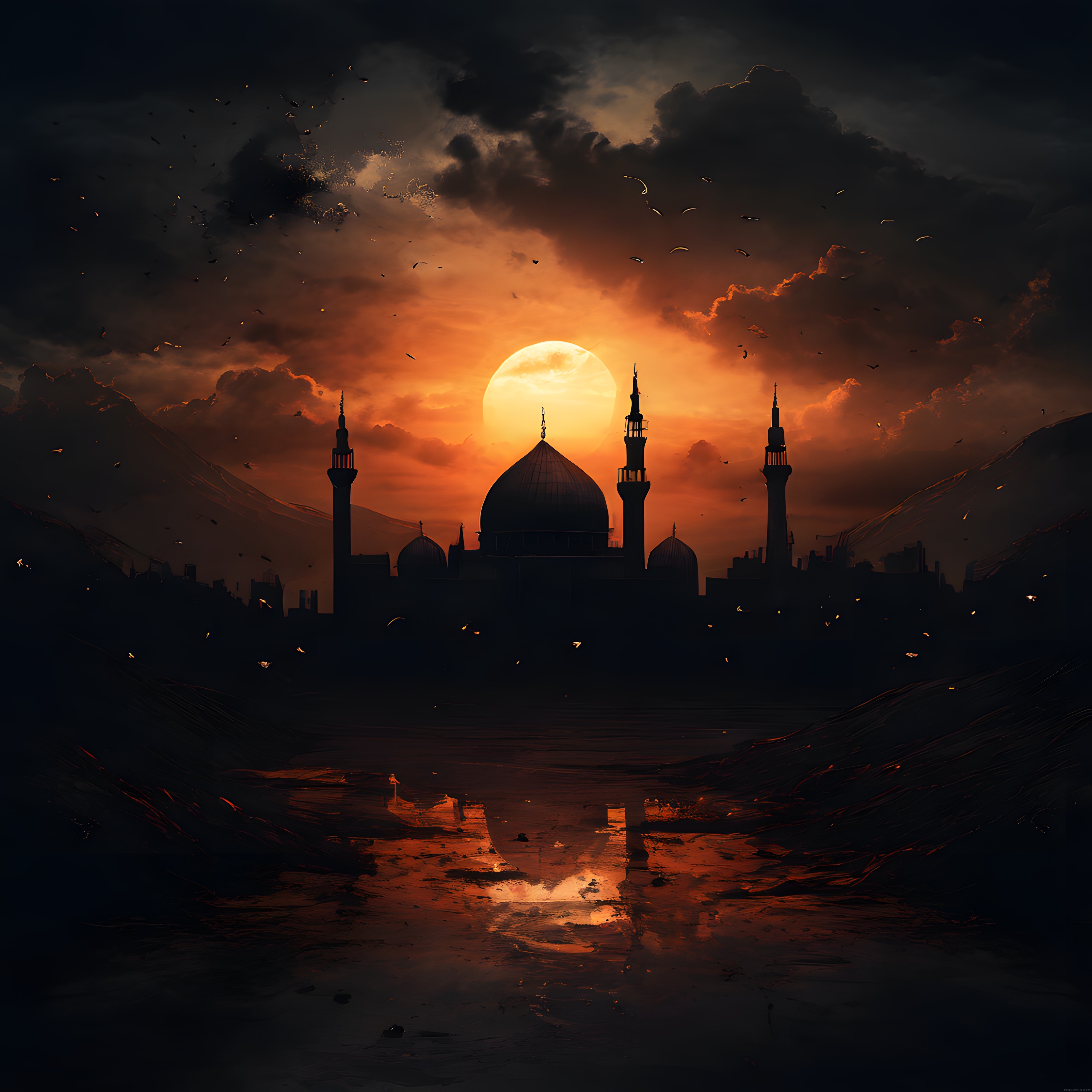 Dolunayın altında cami silueti ve suya yansıyan mistik gece manzarası