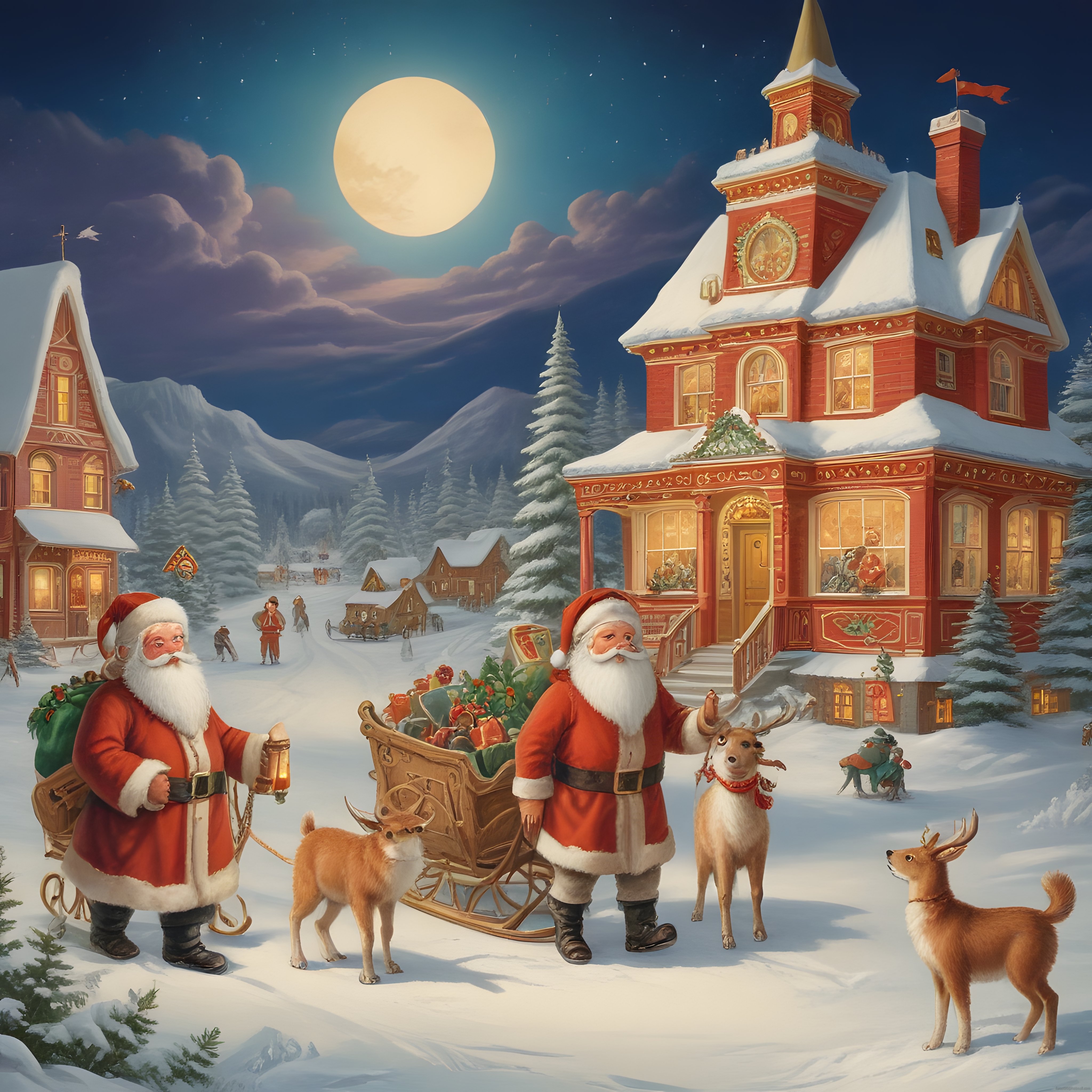 Dolunaylı Karlı Gecede Noel Baba ve Geyikleriyle Masalsı Köy Manzarası