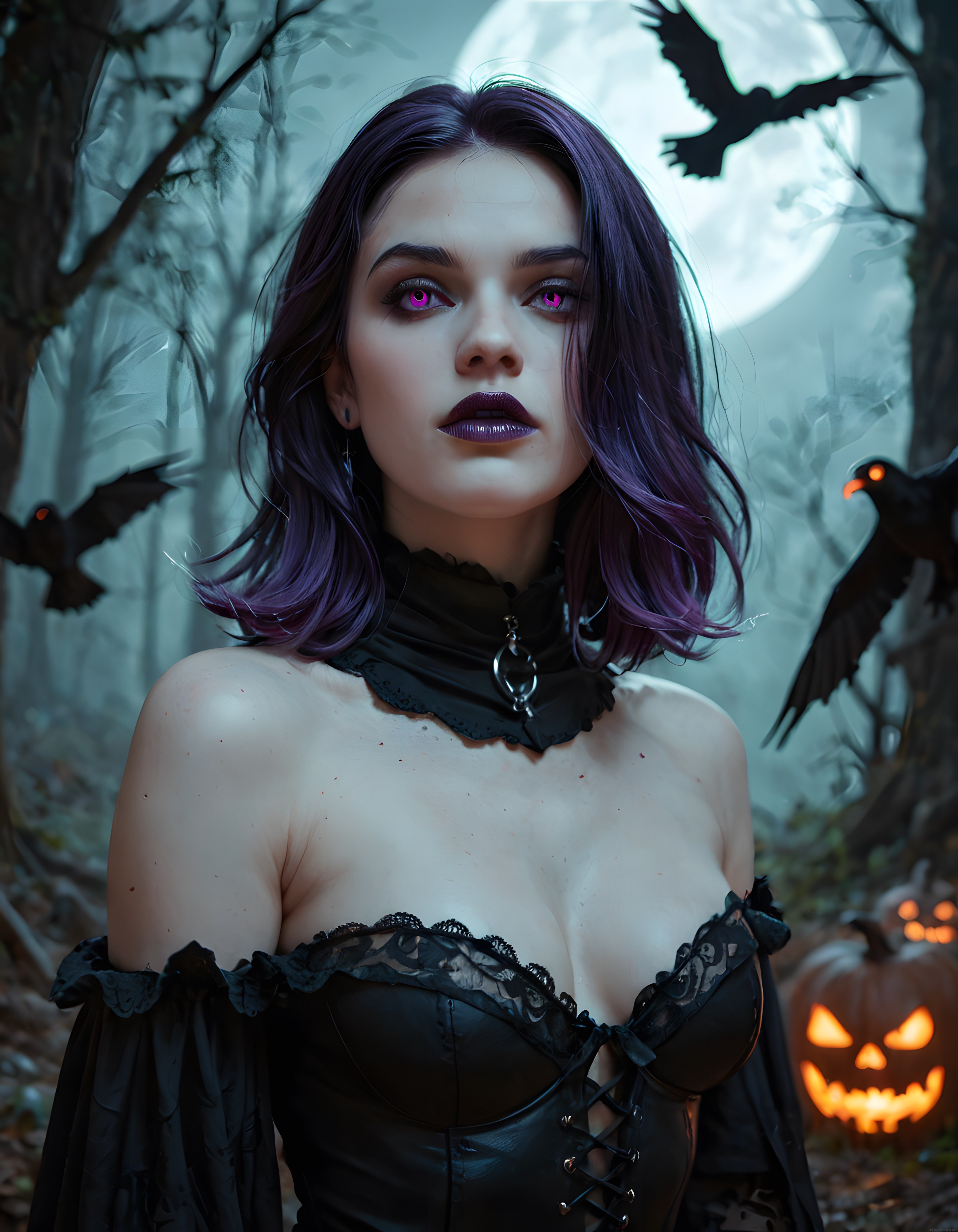 Dolunaylı Ormanda Gotik Stil Mor Saçlı Gizemli Kadın ve Halloween Atmosferi