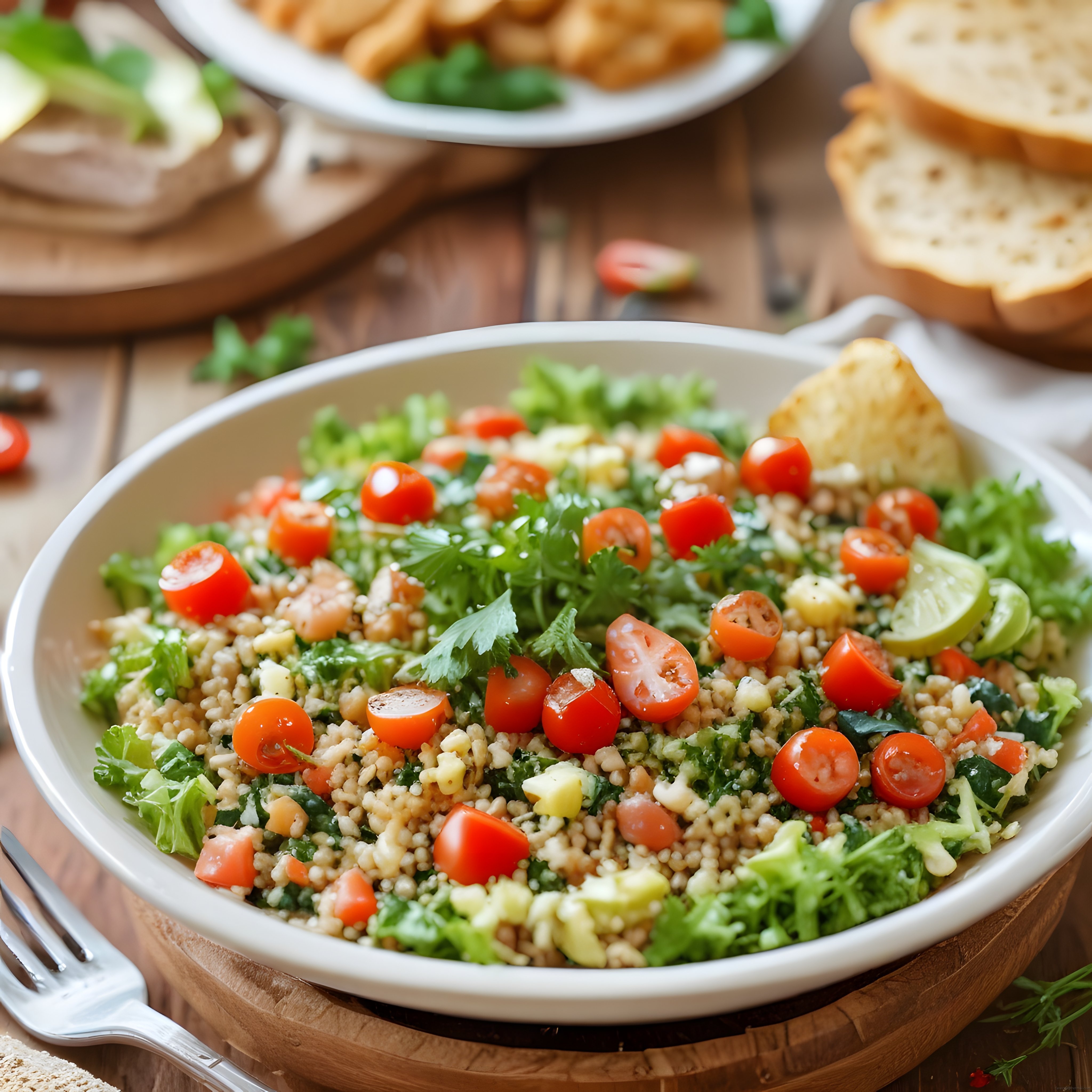 Domates, marul ve bulgur salatası servis edilmiş beyaz kasede