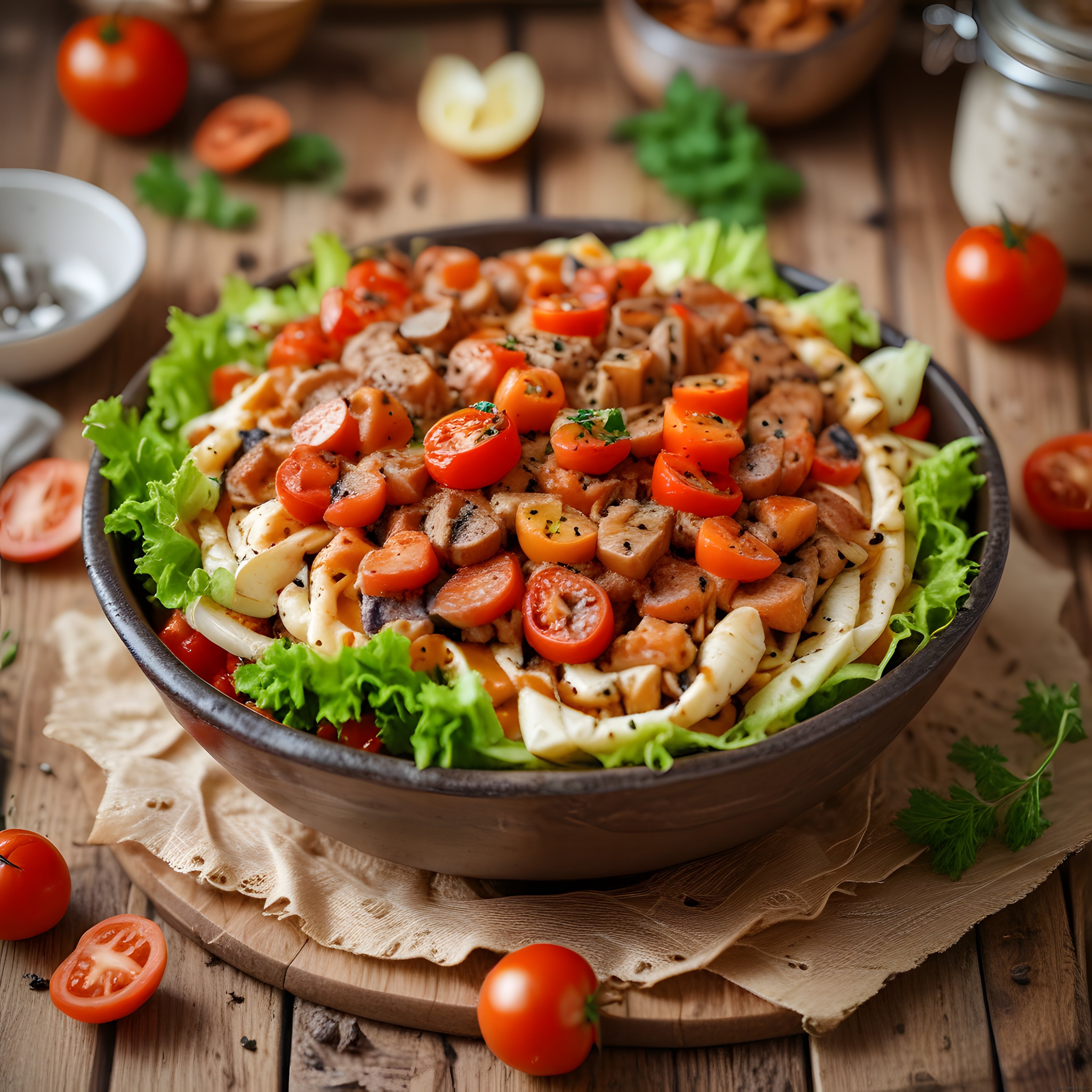 Domates, marul ve etli salata kasede servis edilmiş