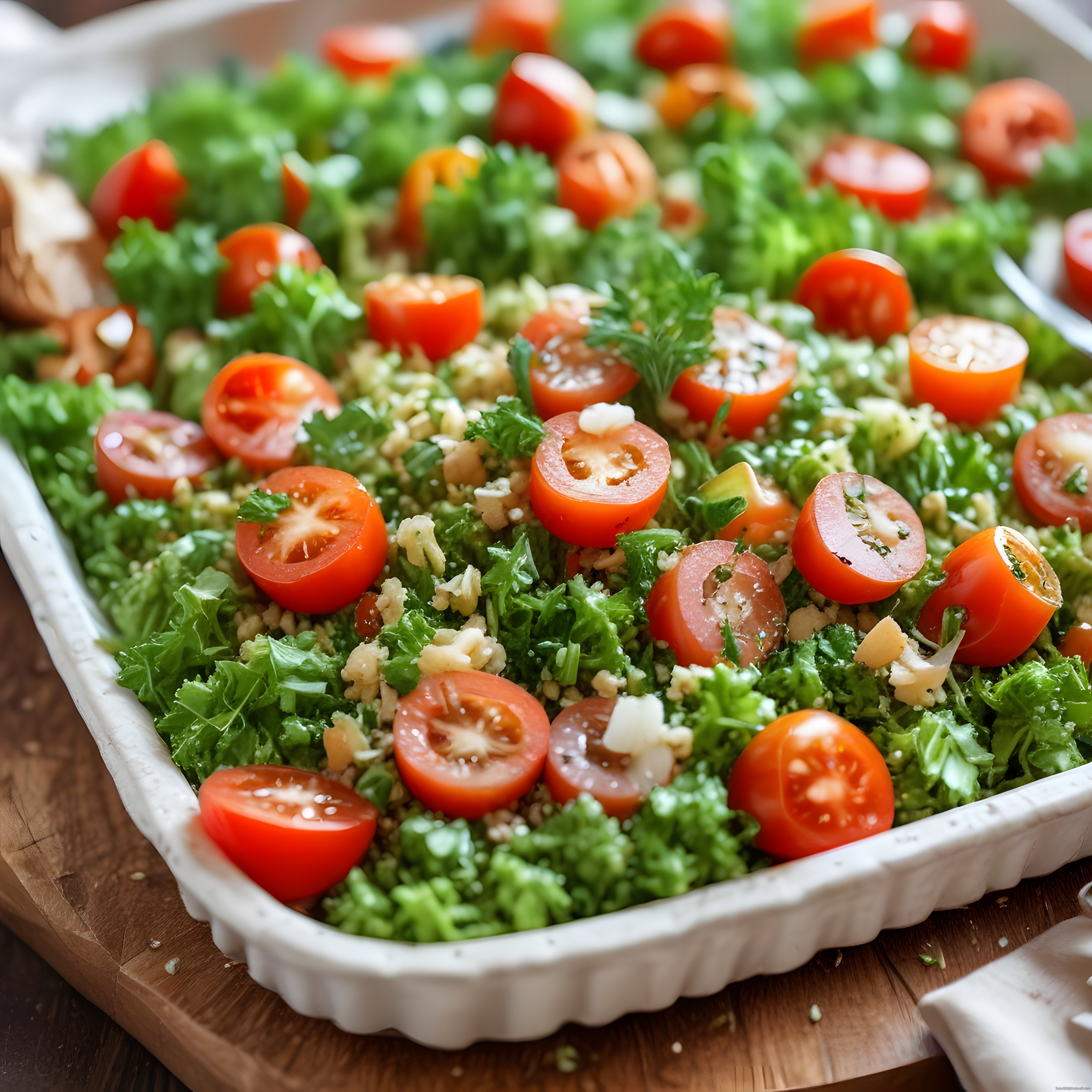 Domates, maydanoz ve bulgurlu tabule salatası servis tepsisinde