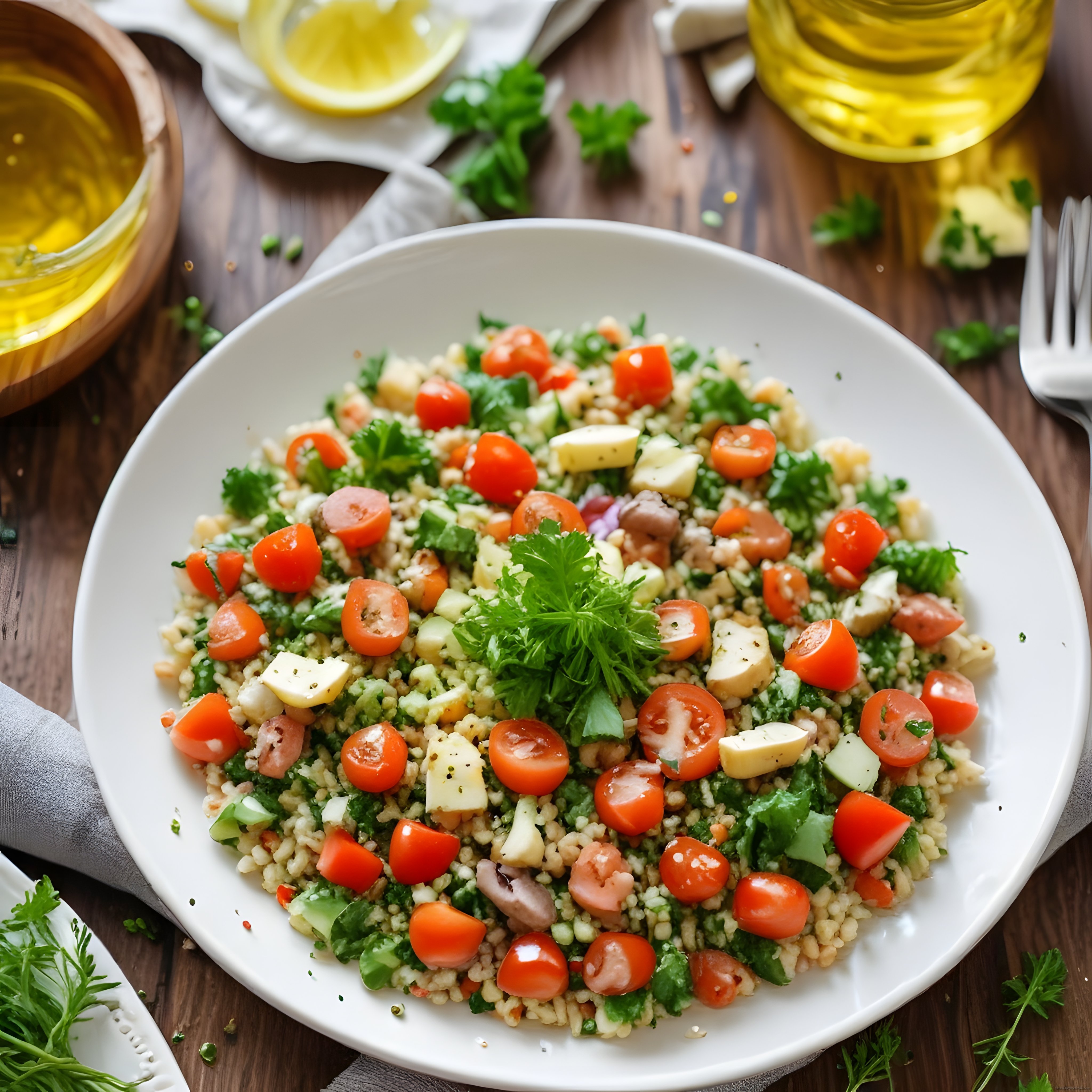 Domates, maydanoz ve bulgurlu taze salata, beyaz tabakta servis edilmiş