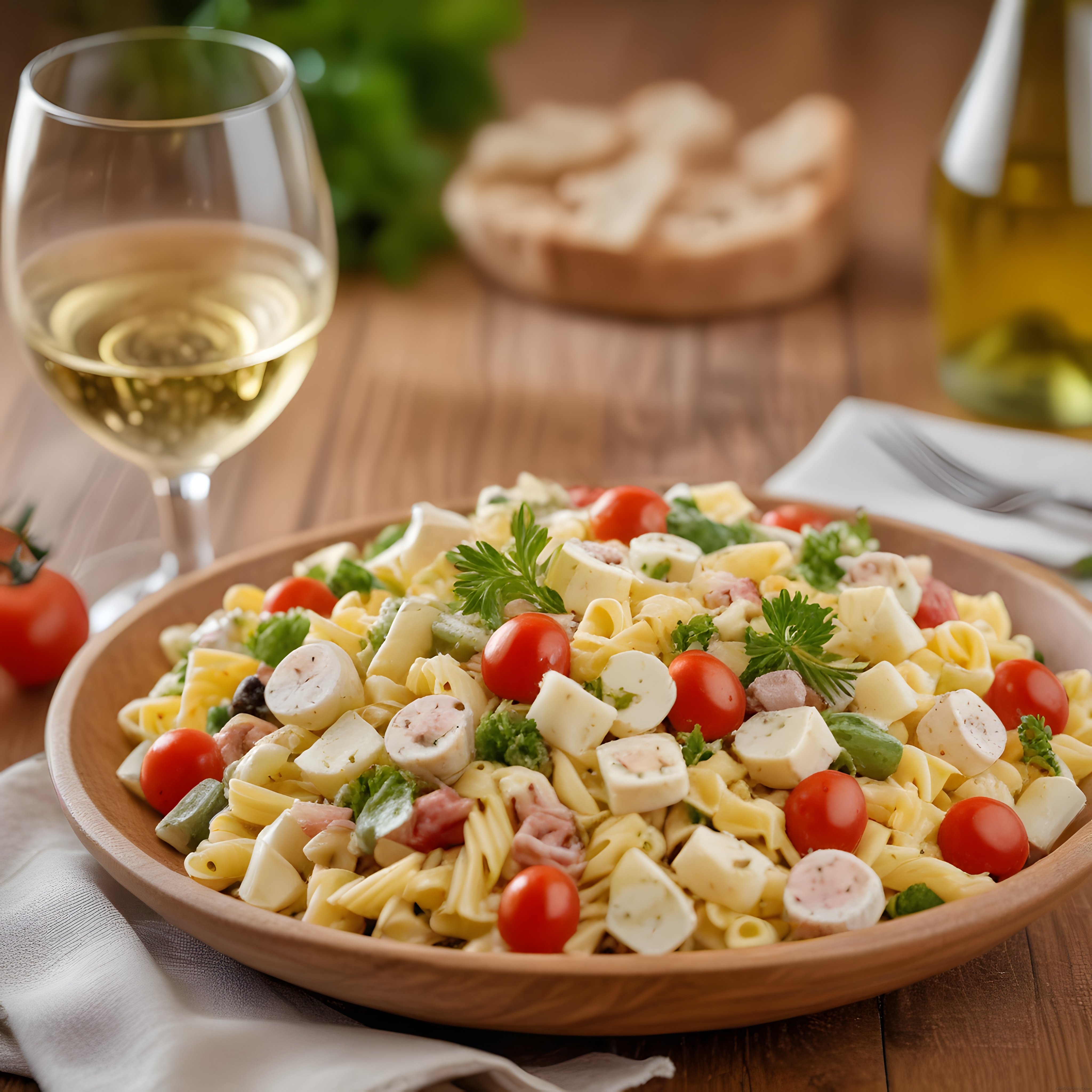 Domates, peynir ve jambonlu makarna salatası, yanında şarap ve ekmek