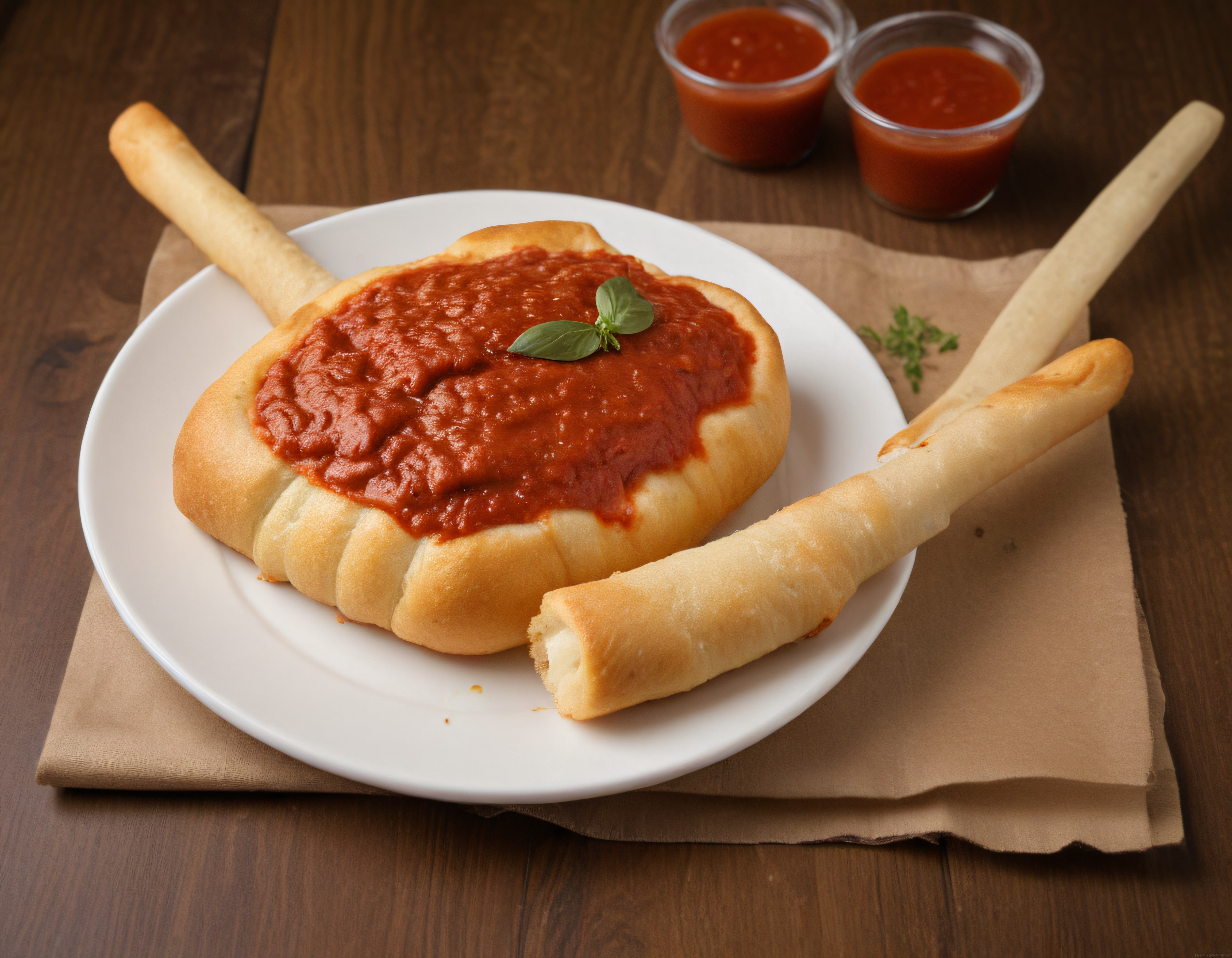 Domates Soslu Çıtır Pizza Kızartması ve Ekmek Çubukları Sunumu
