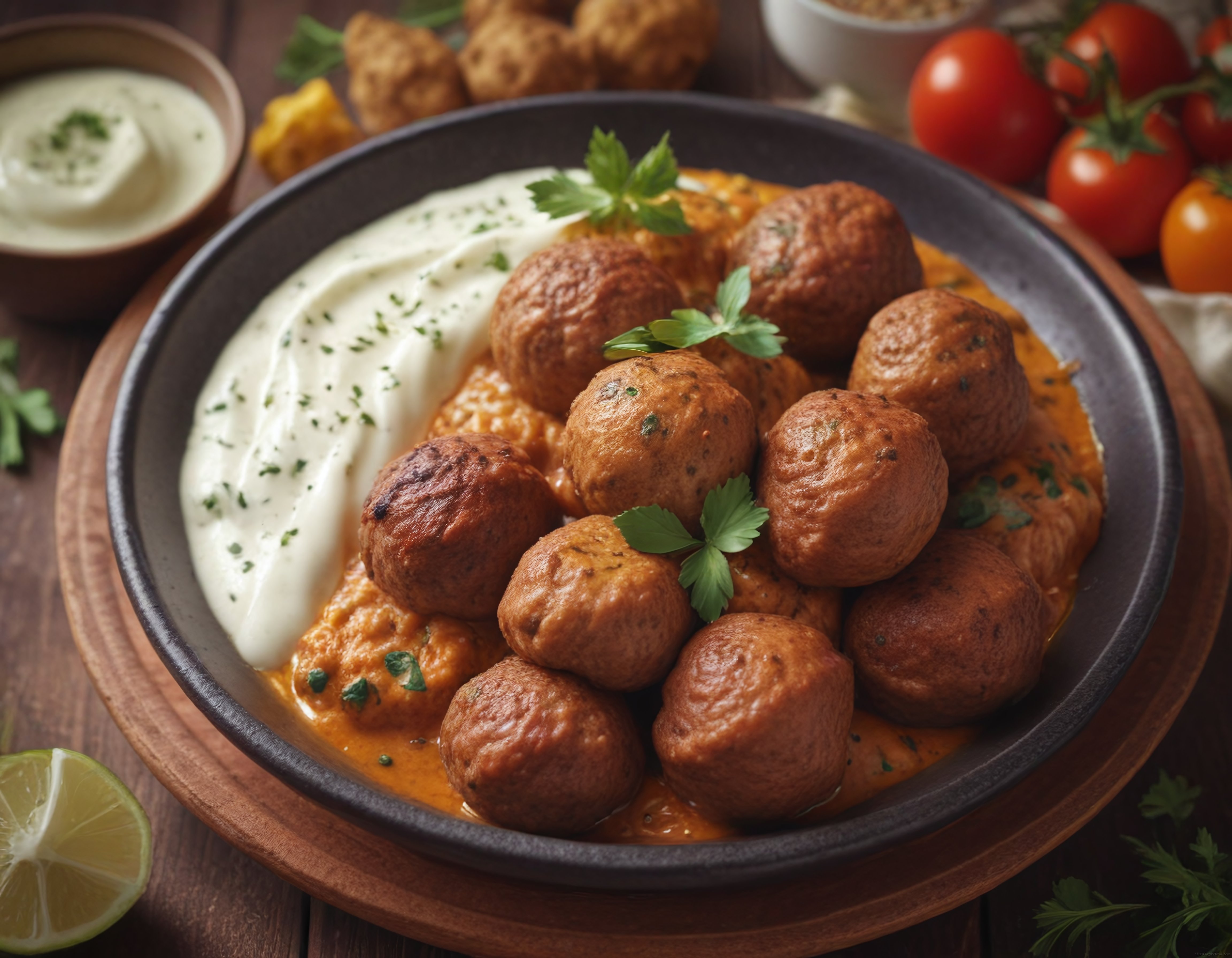 Domates Soslu Köfte ve Yoğurt Eşliğinde Sıcak Ana Yemek Sunumu
