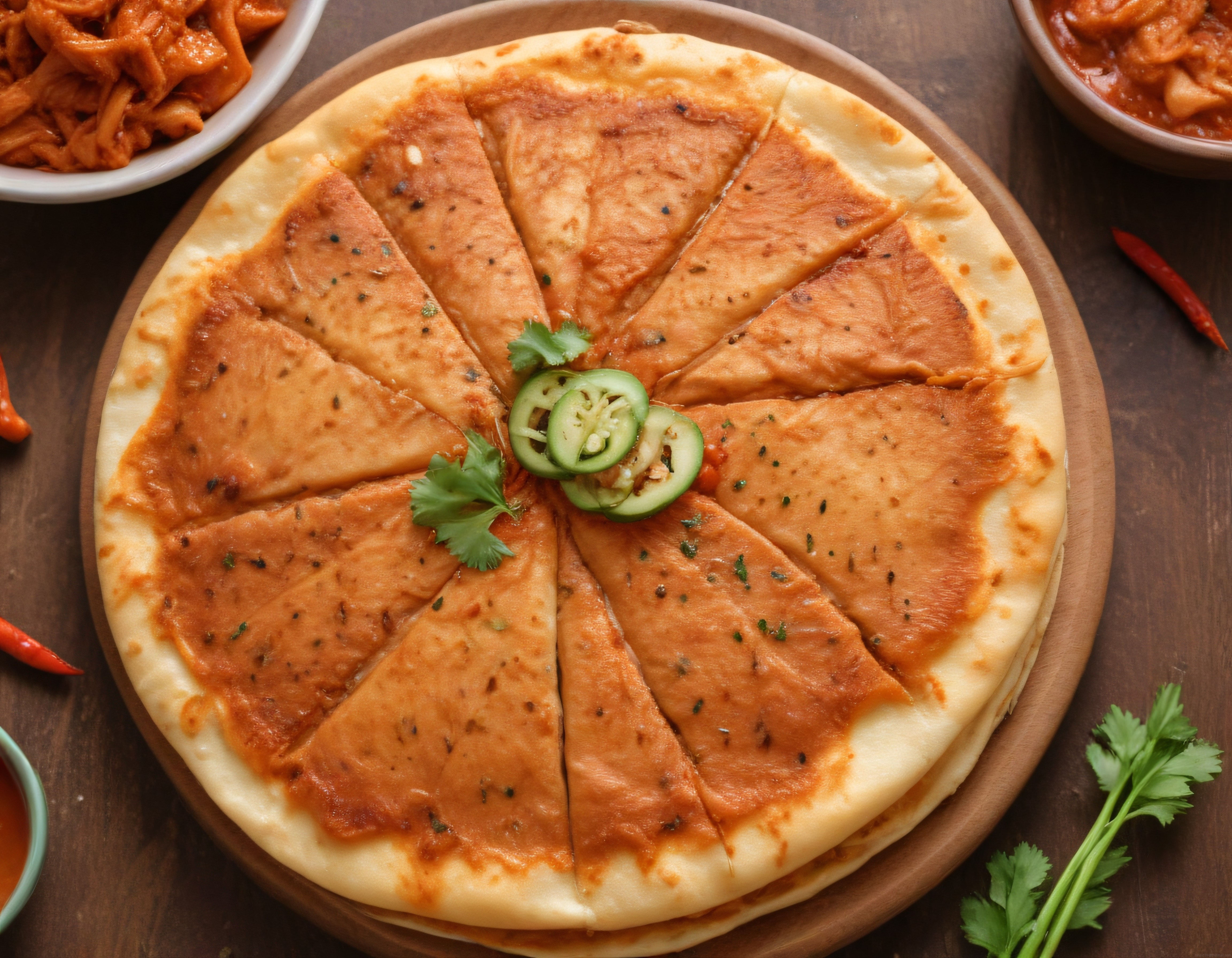 Domates soslu ve salatalık dilimleriyle süslenmiş çıtır kenarlı pizza sunumu