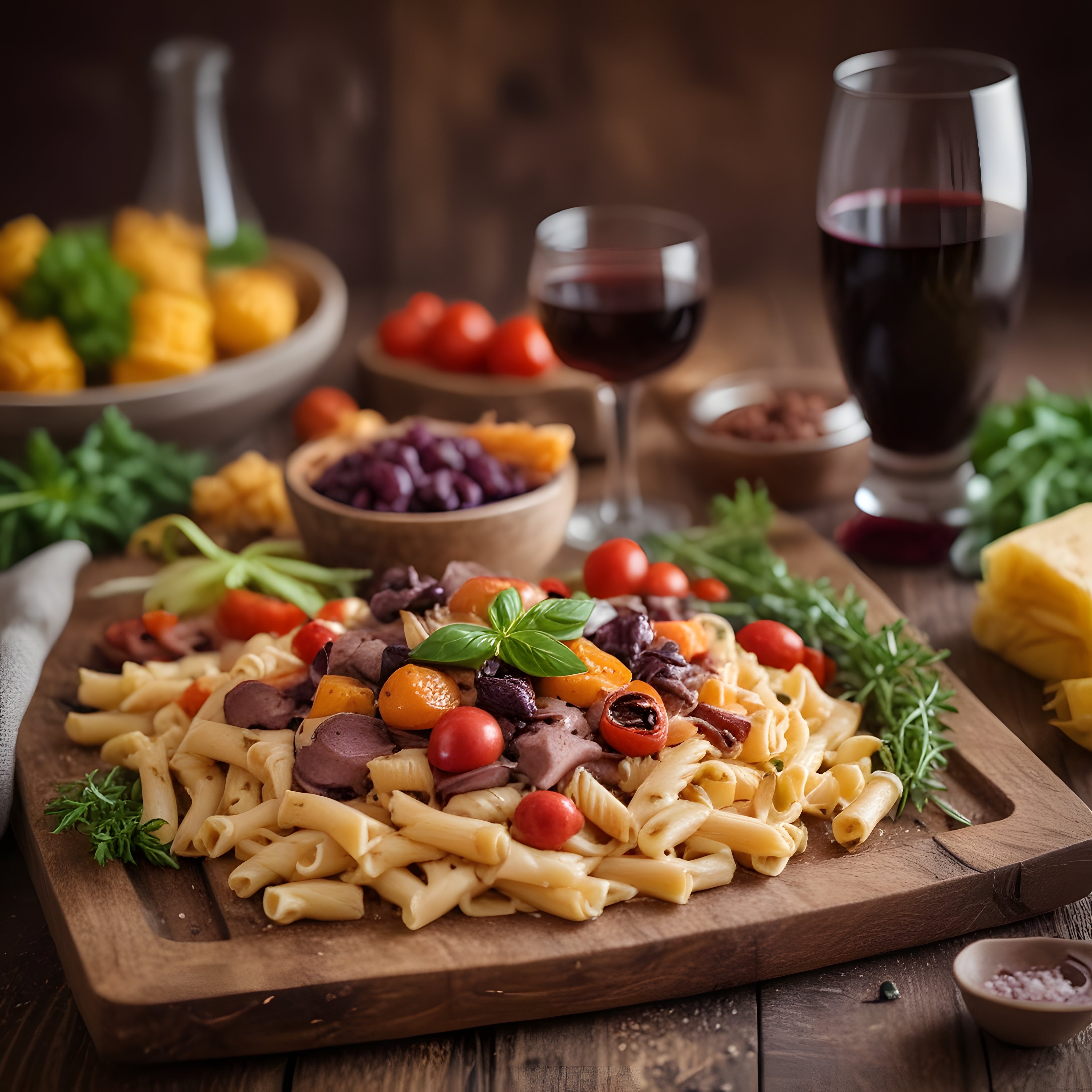 Domates, zeytin ve fesleğenli makarna servisi, kırmızı şarapla