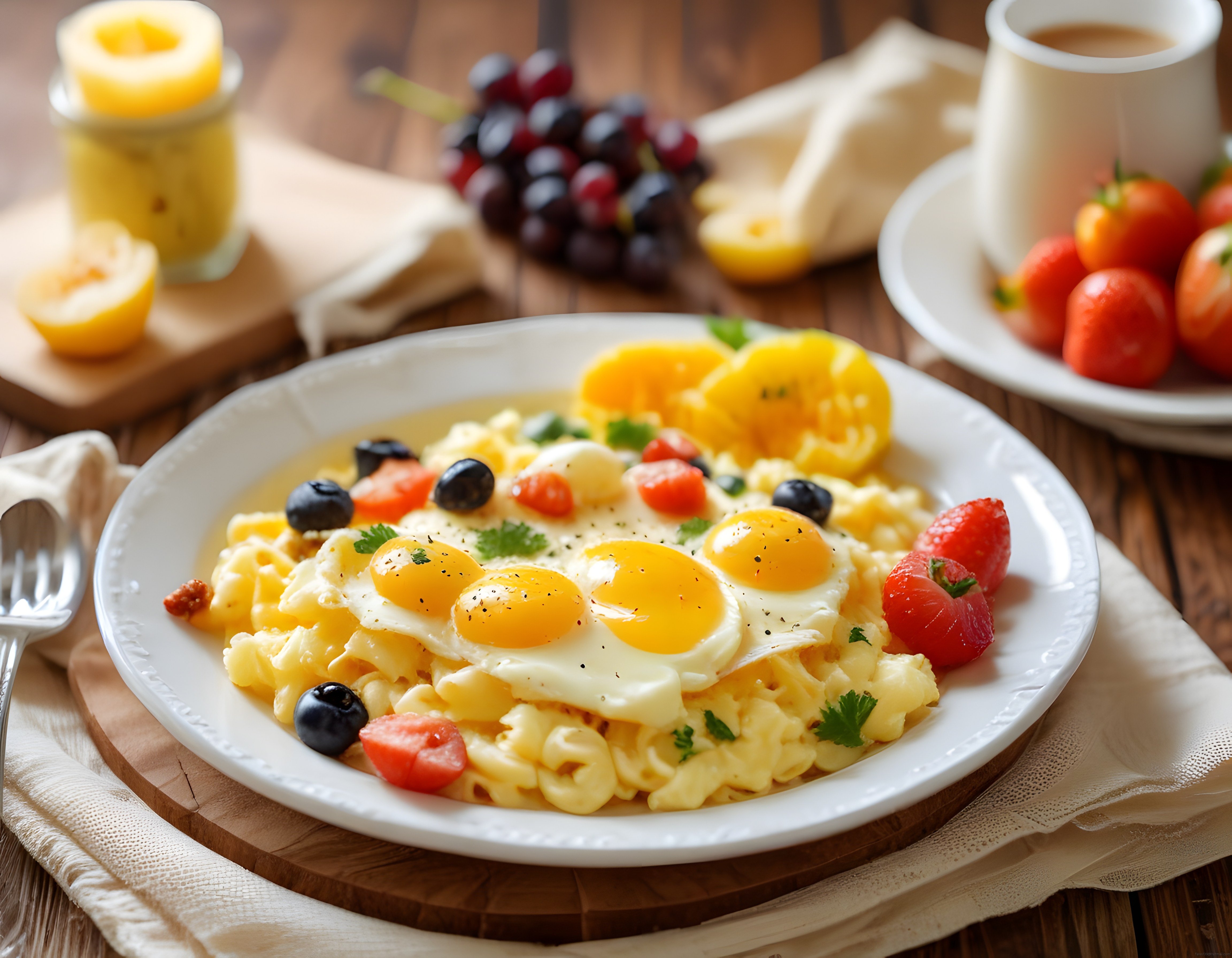Dört Güneşte Yumurtalı Makarna ile Renkli ve Sağlıklı Kahvaltı Tabağı