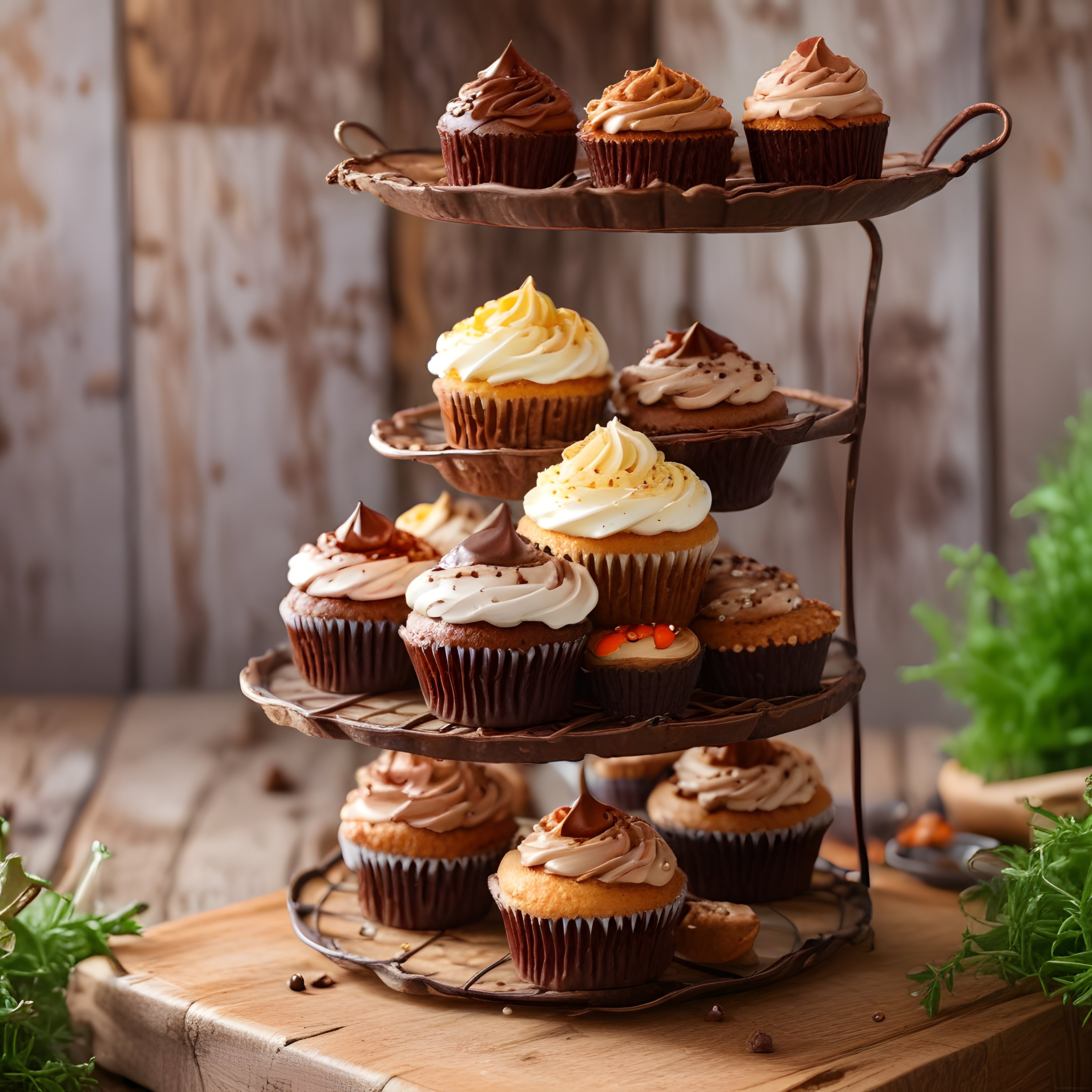 Dört katlı standda çeşitli krema kaplamalı cupcake ve tatlı sunumu