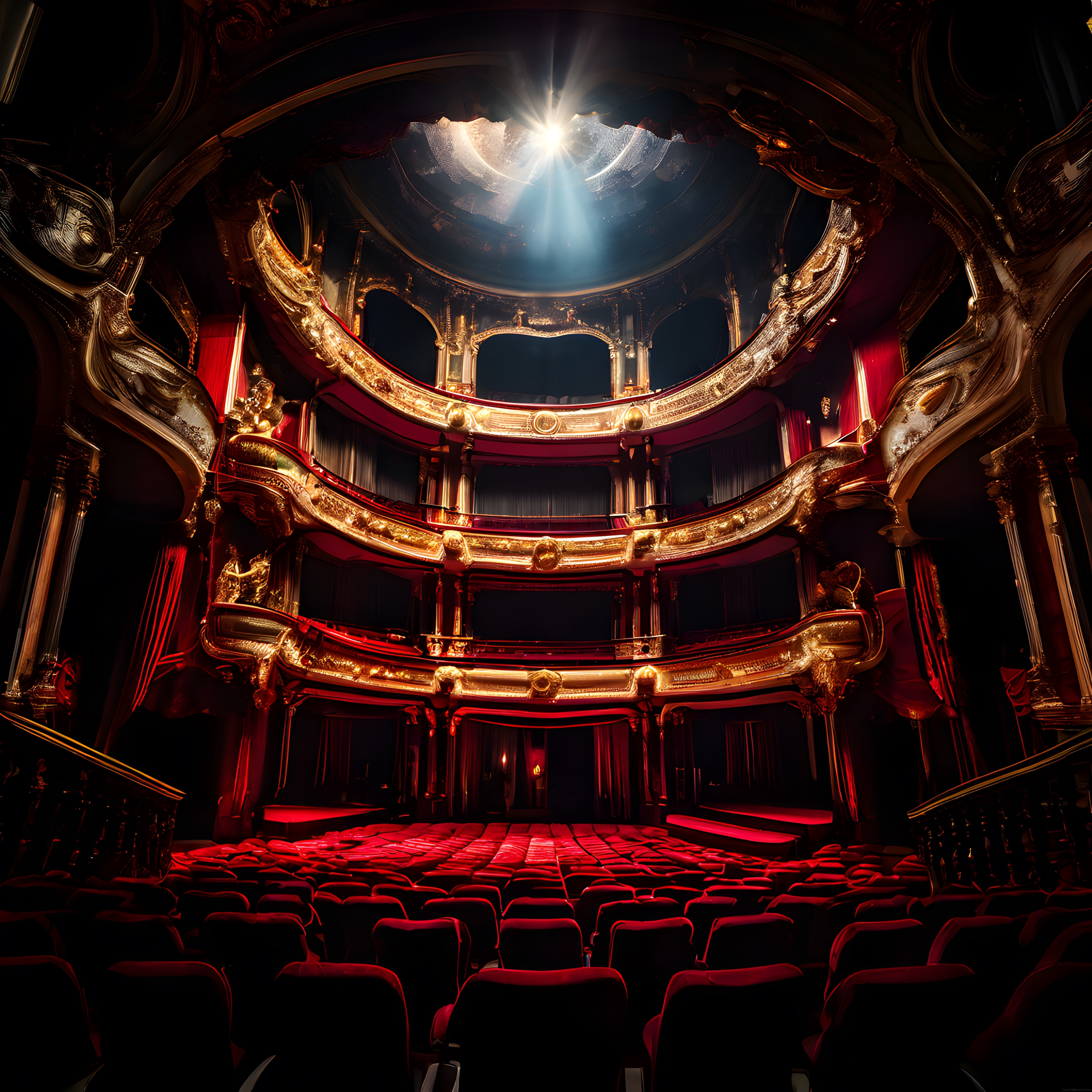 Dramatik Aydınlatmalı Barok Opera Salonunun Görkemli İç Mimarisi ve Kırmızı Koltukları
