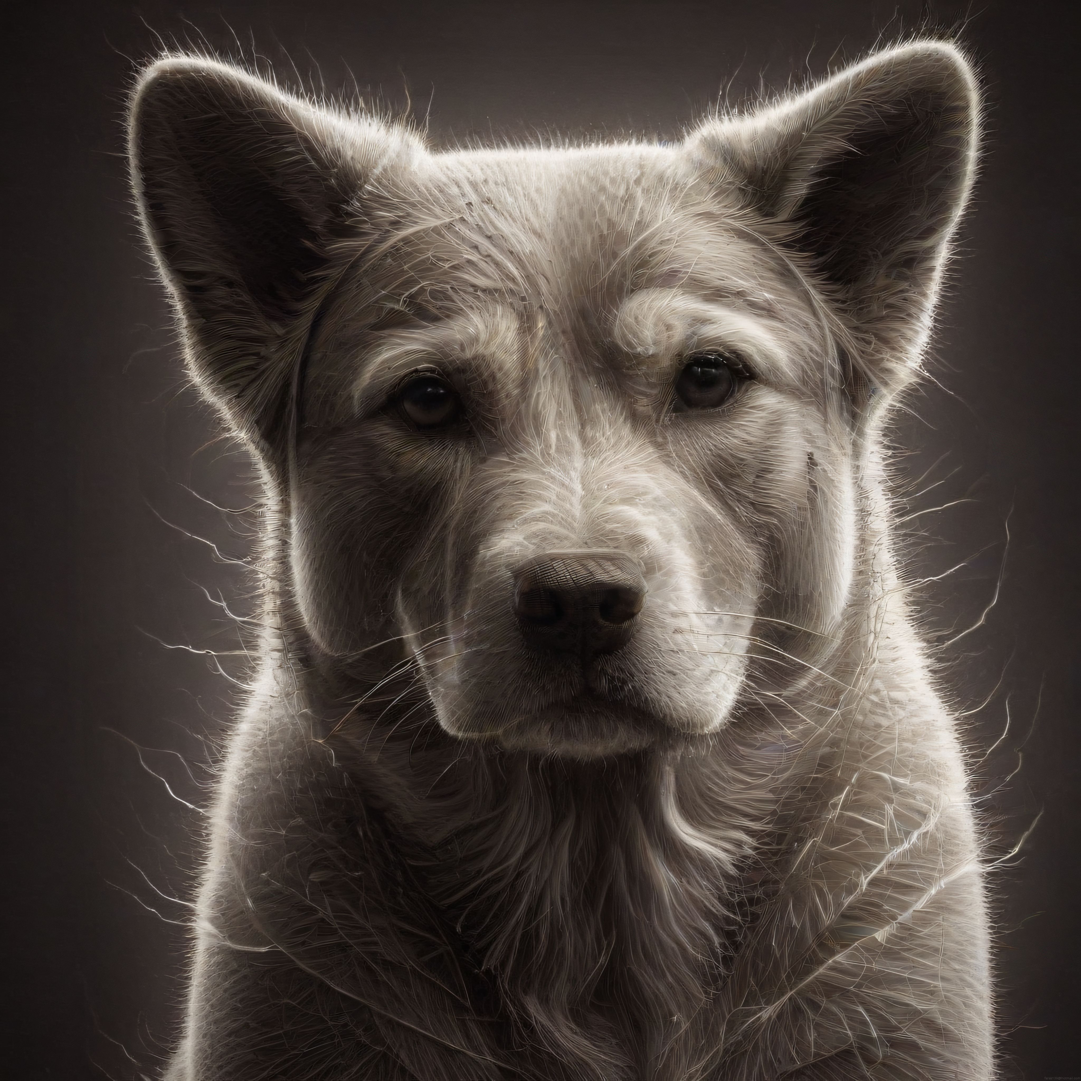 Dramatik Aydınlatmalı Beyaz Kürklü Köpek Dijital Sanat Portresi Kürk Detayları