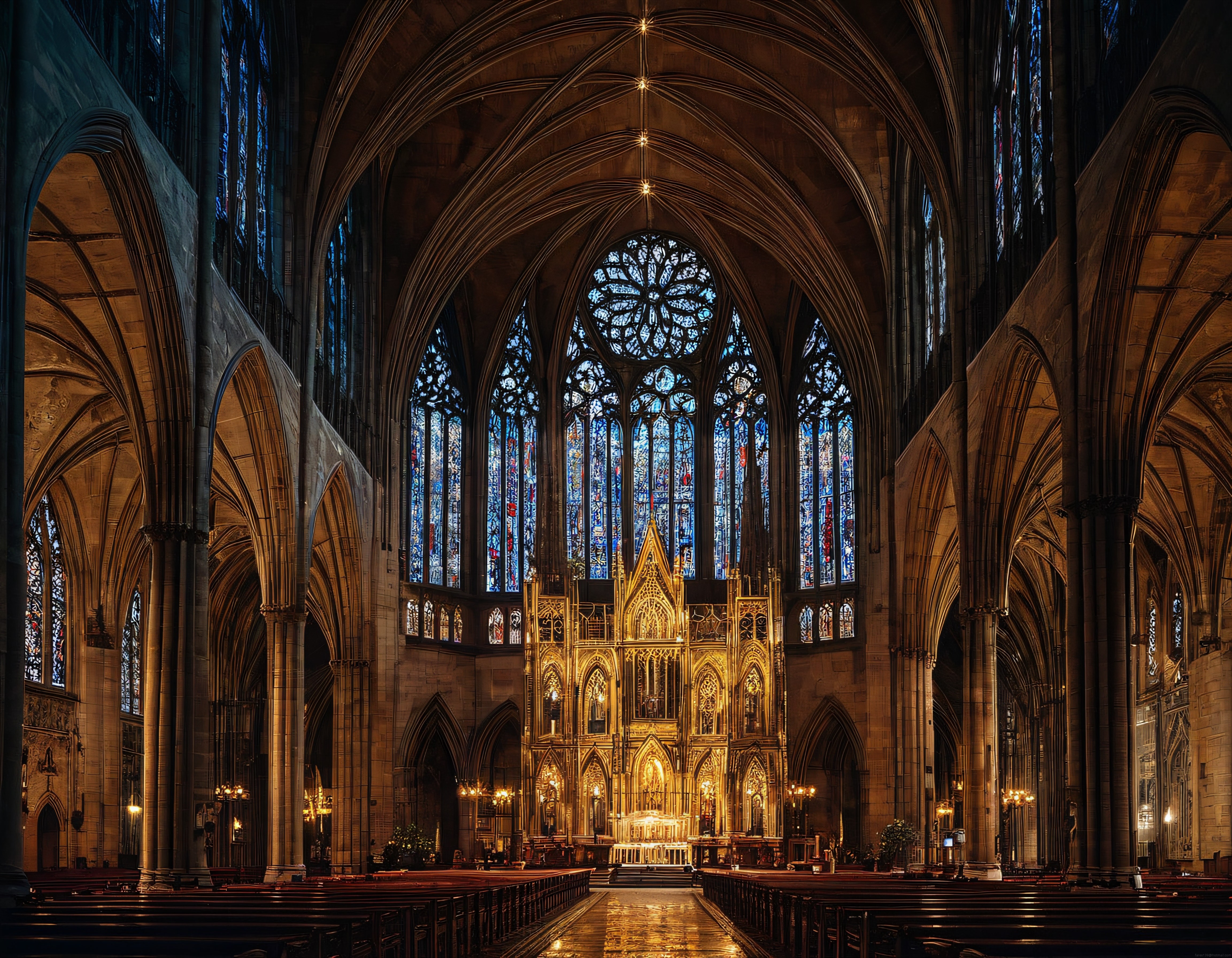 Dramatik Aydınlatmalı Gotik Katedral İç Mekanı ve Renkli Vitray Pencereleri