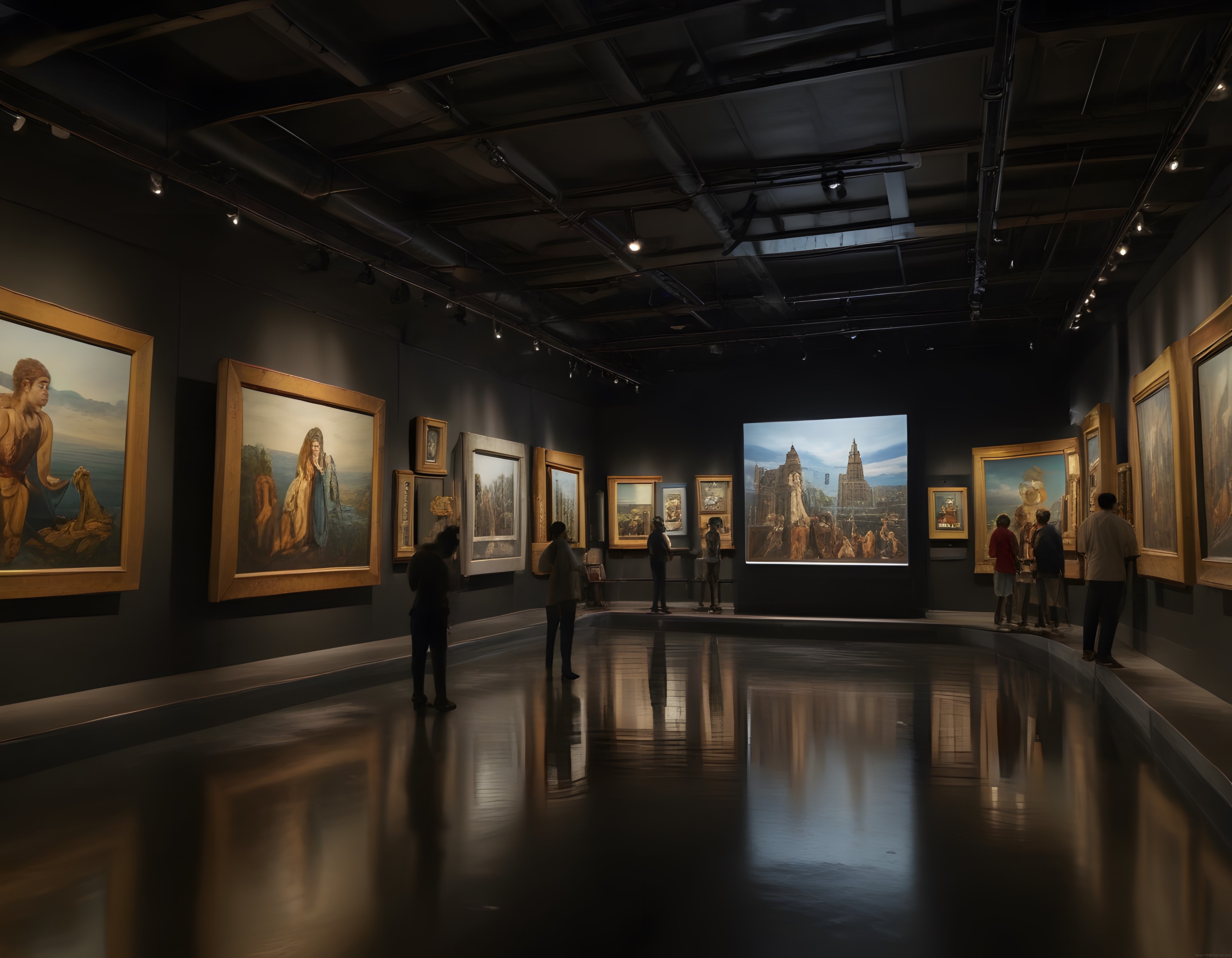 Dramatik Aydınlatmalı Güncel Sanat Müzesi ve Tabloları İnceleyen Ziyaretçiler