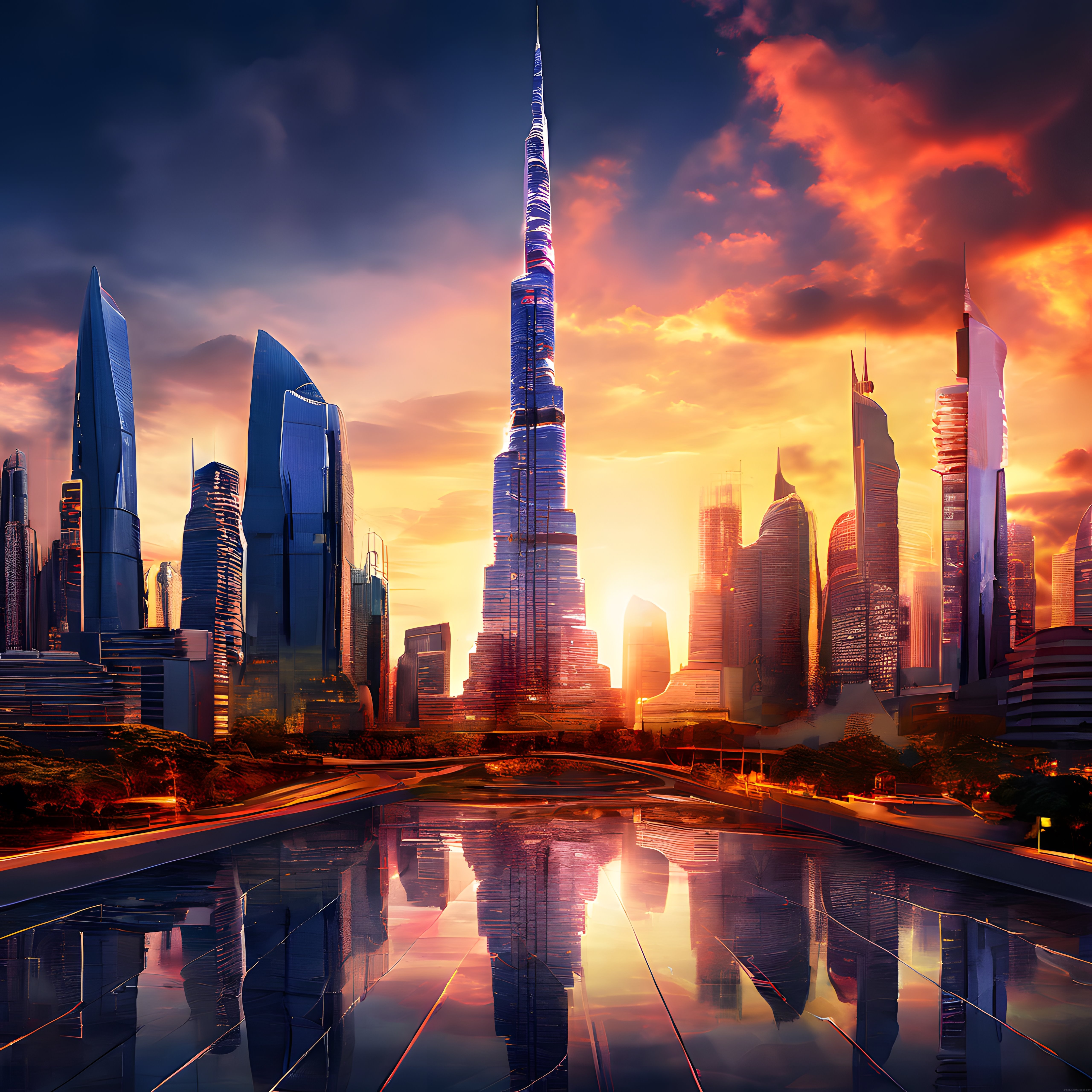 Dubai'nin İkonik Gökdelenleri ve Burj Khalifa ile Altın Saat Şehir Manzarası