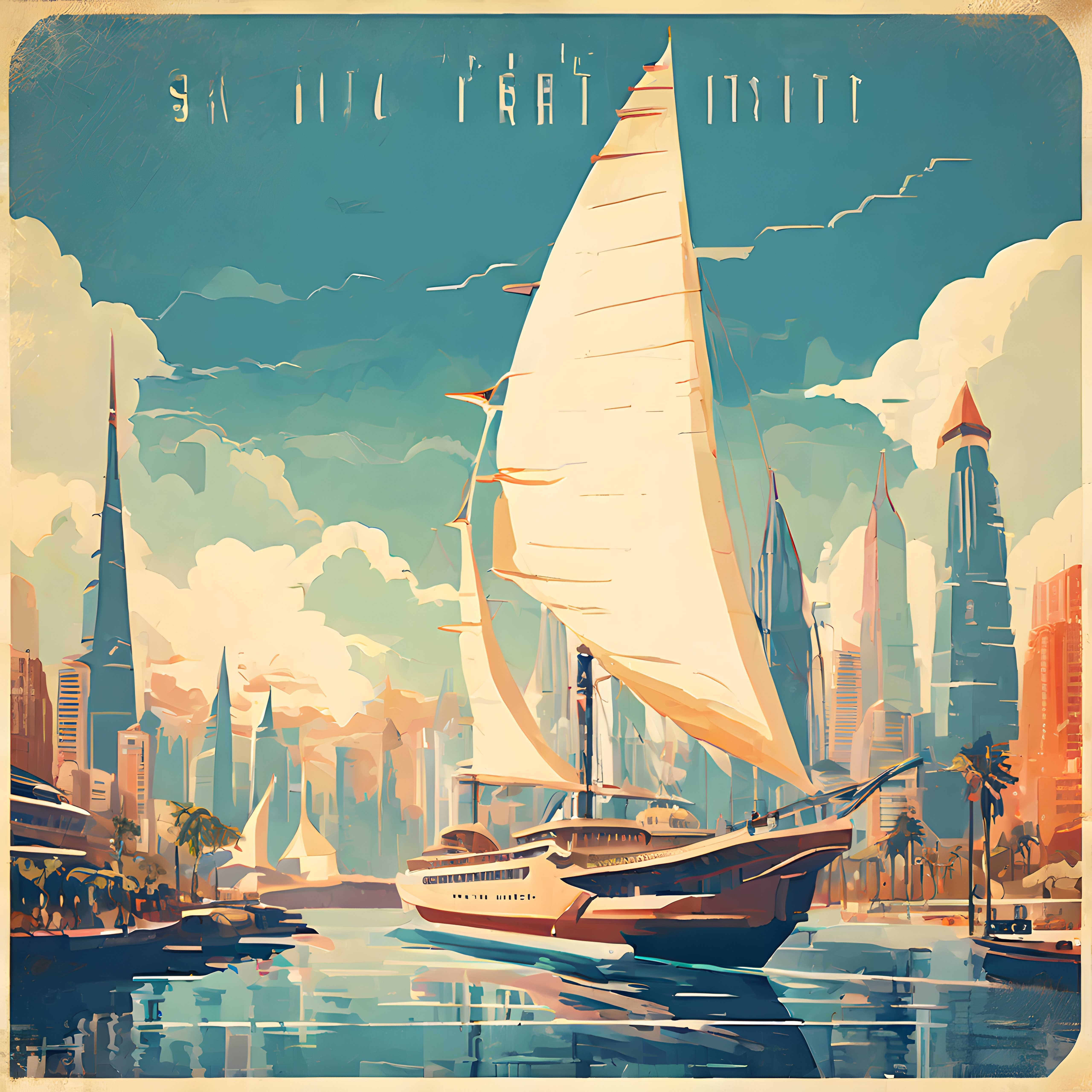 Dubai'nin İkonik Gökdelenleri ve Yelkenli Teknesiyle Vintage Seyahat Posteri