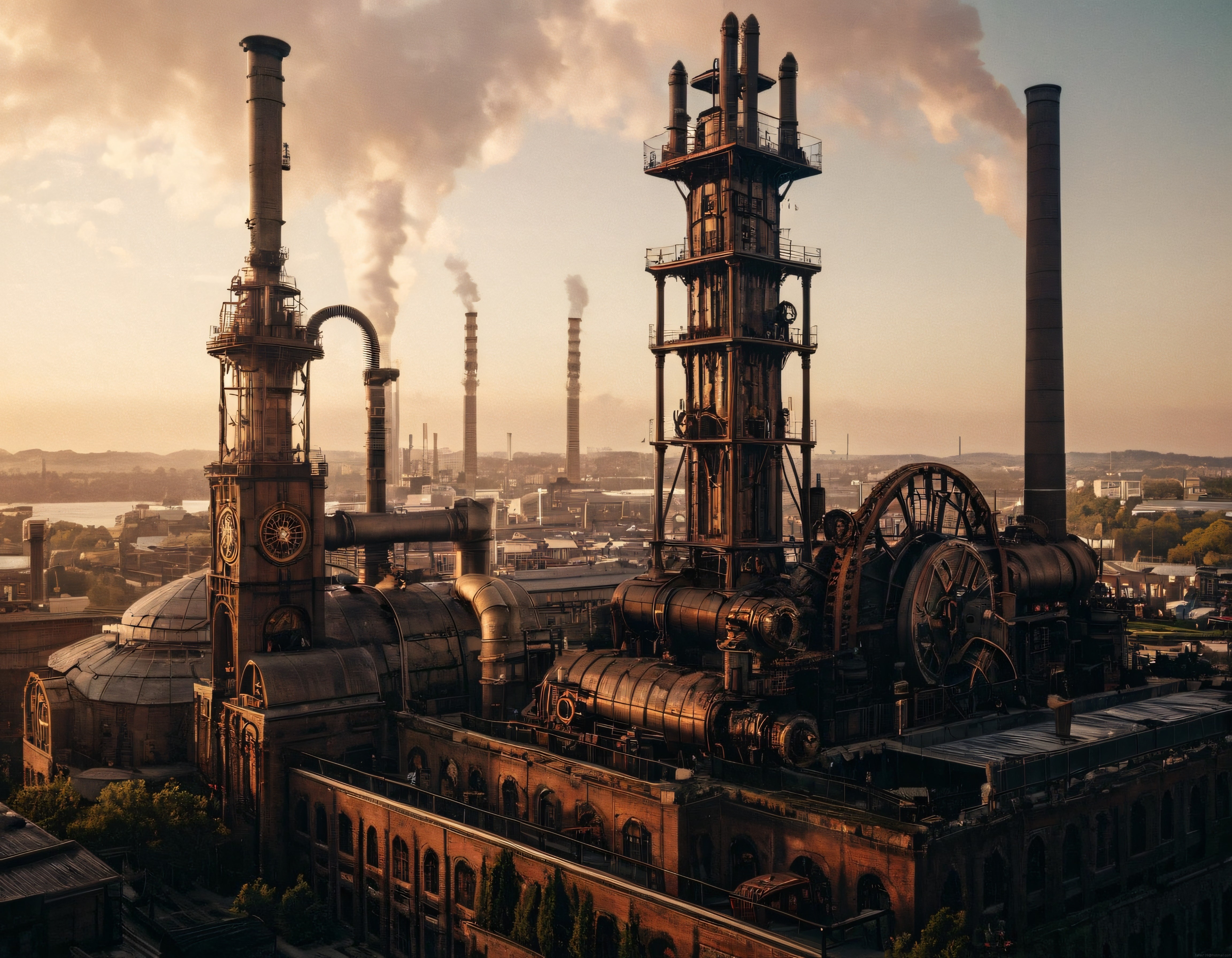 Dumanlı gün batımında buharlı steampunk fabrika silüeti ve dişli makineler