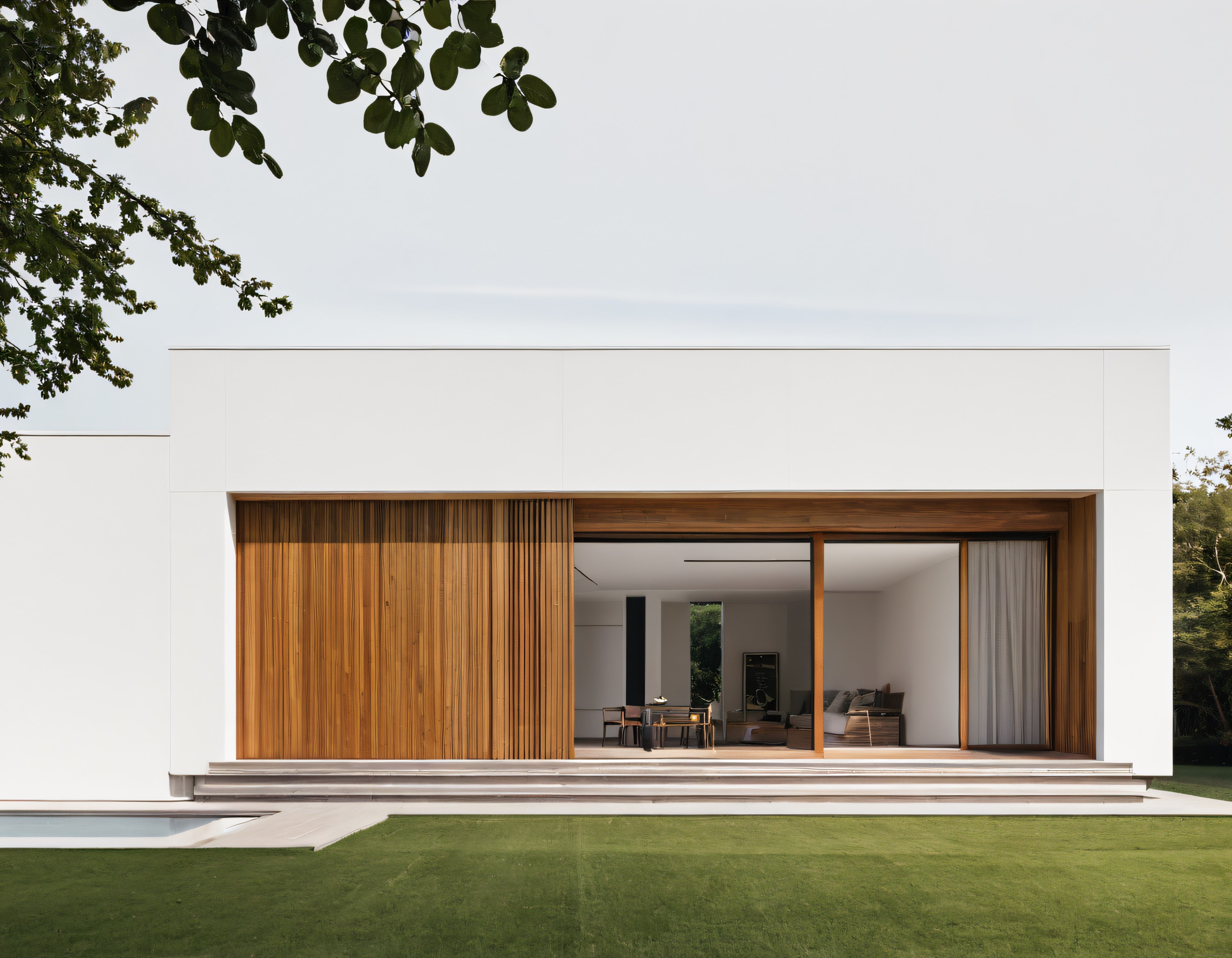 Düşey ahşap lambri ve geniş cam açıklıklarıyla çağdaş beyaz villa cephesi