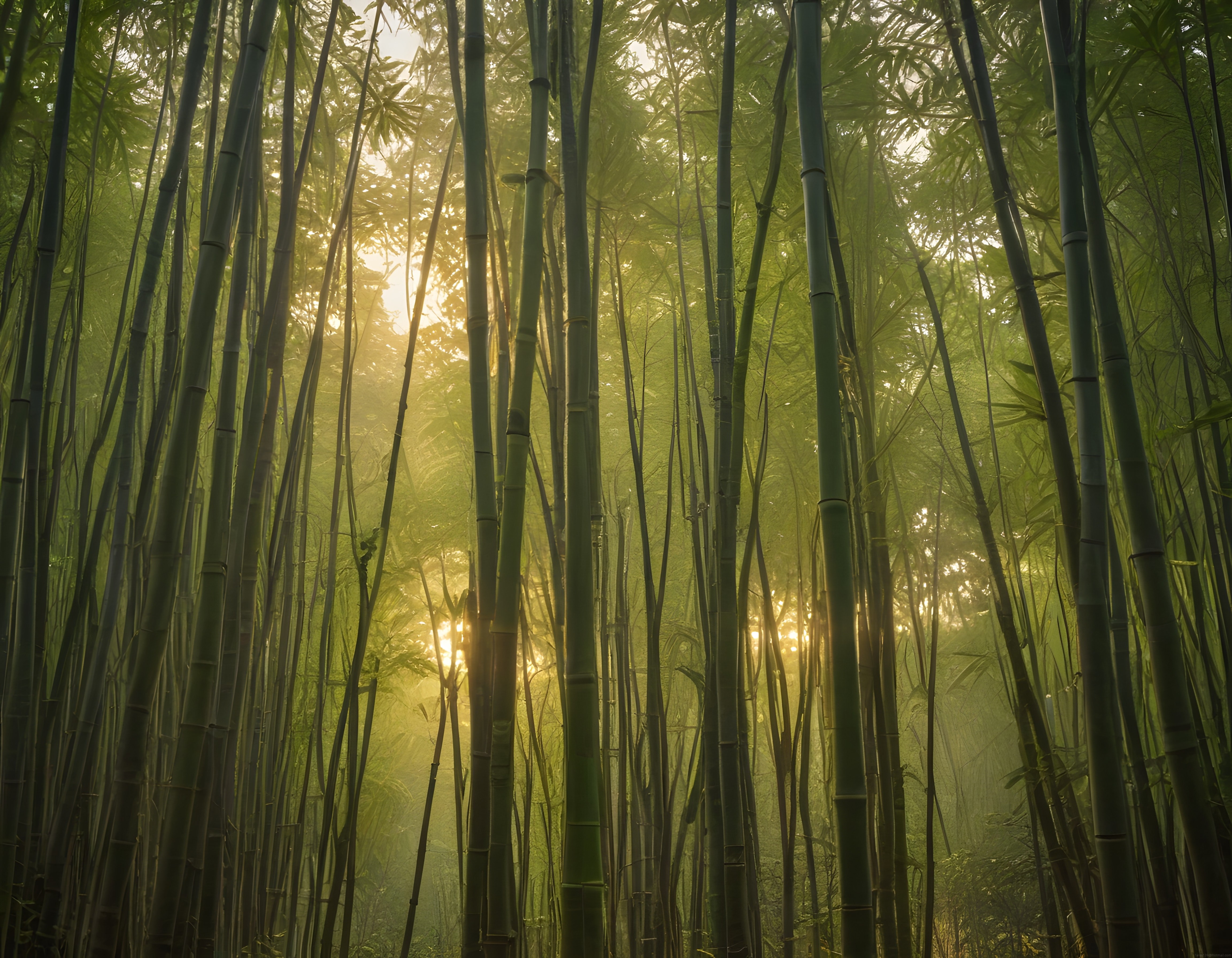 Düşsel Atmosferiyle Sabah Güneşini Yansıtan Sisli Bambu Ormanı