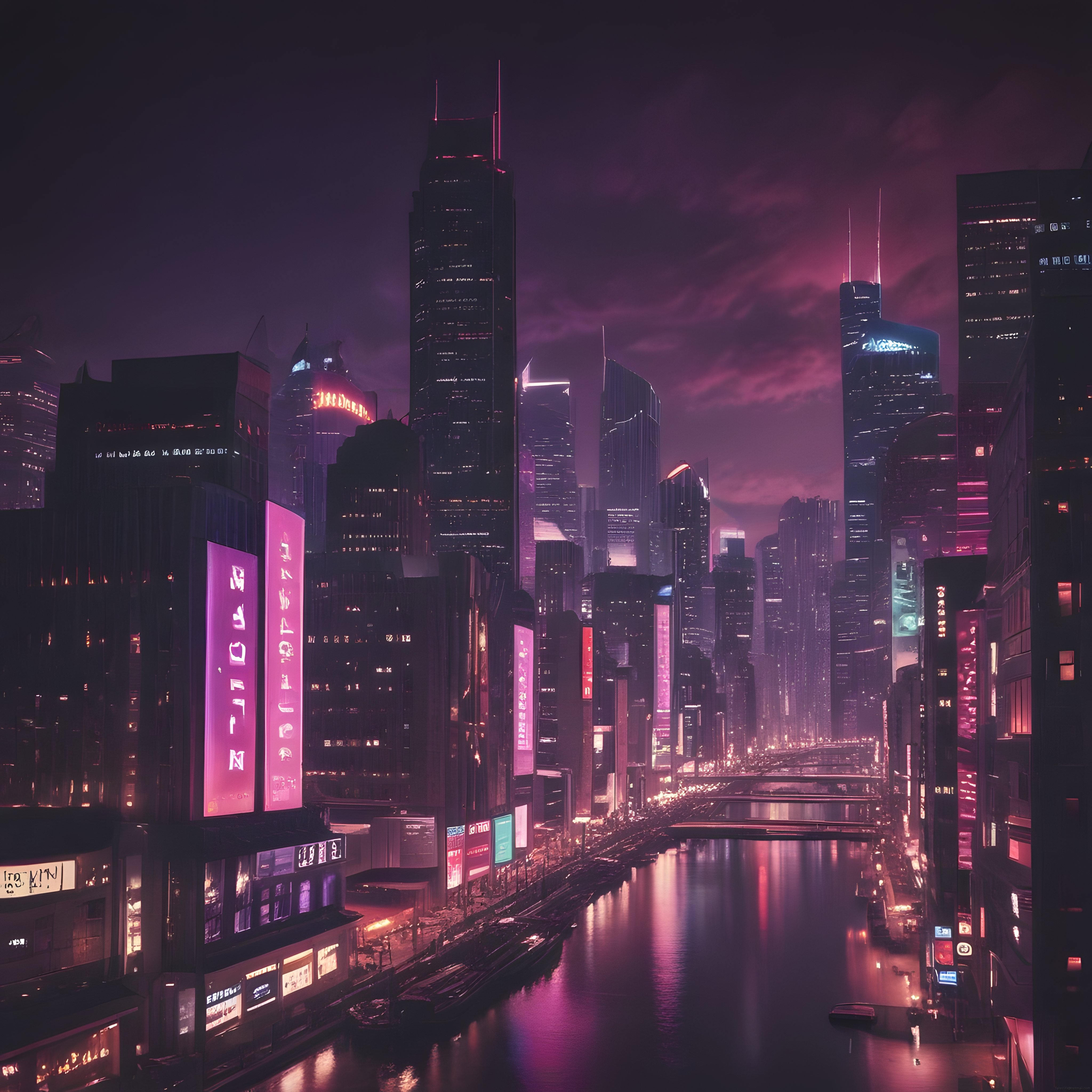 düşük açılı cyberpunk gece şehri mor neonlar gökdelenler ve nehir yansıması