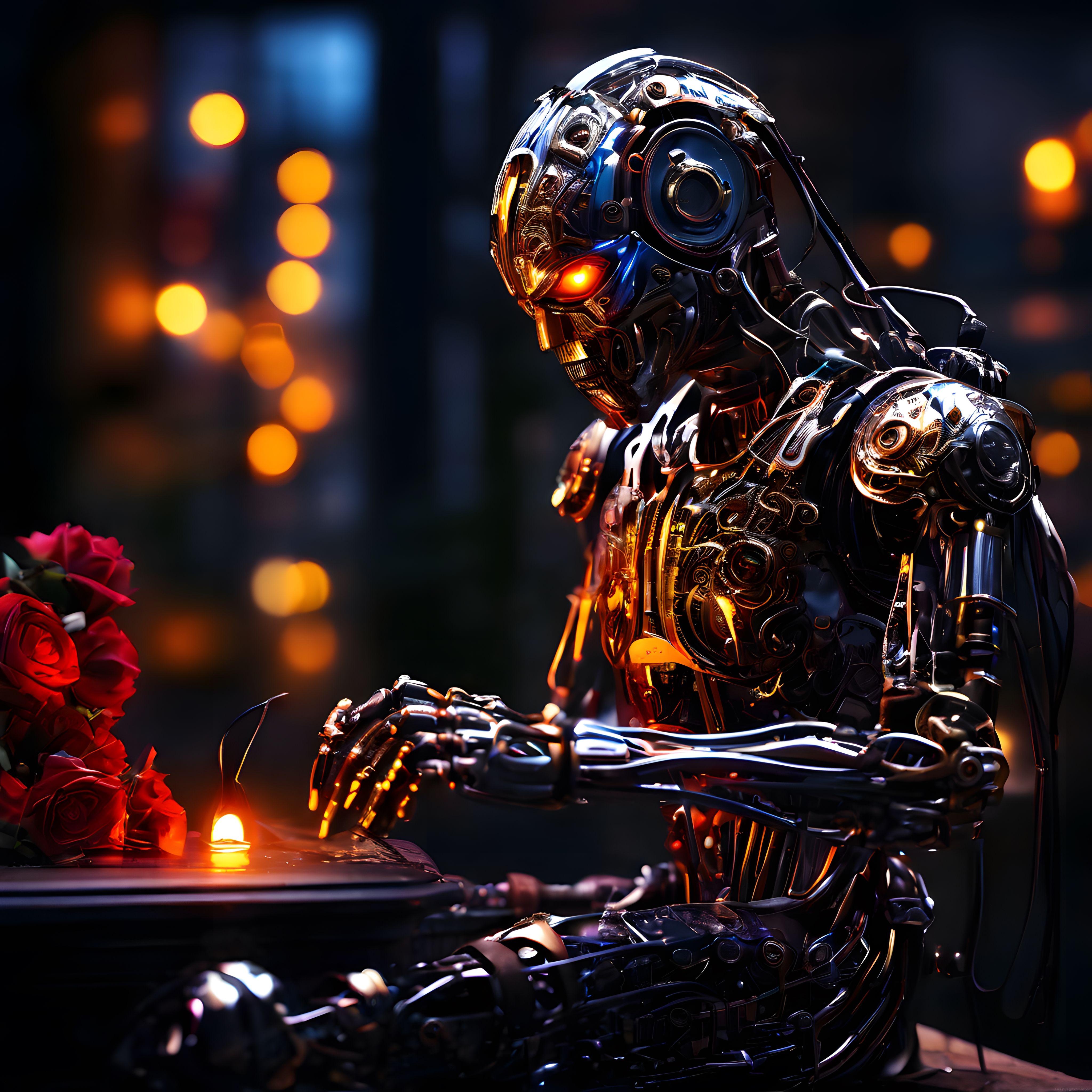 Düşünceli pozda mum ışığında oturan detaylı mekanik robot portresi