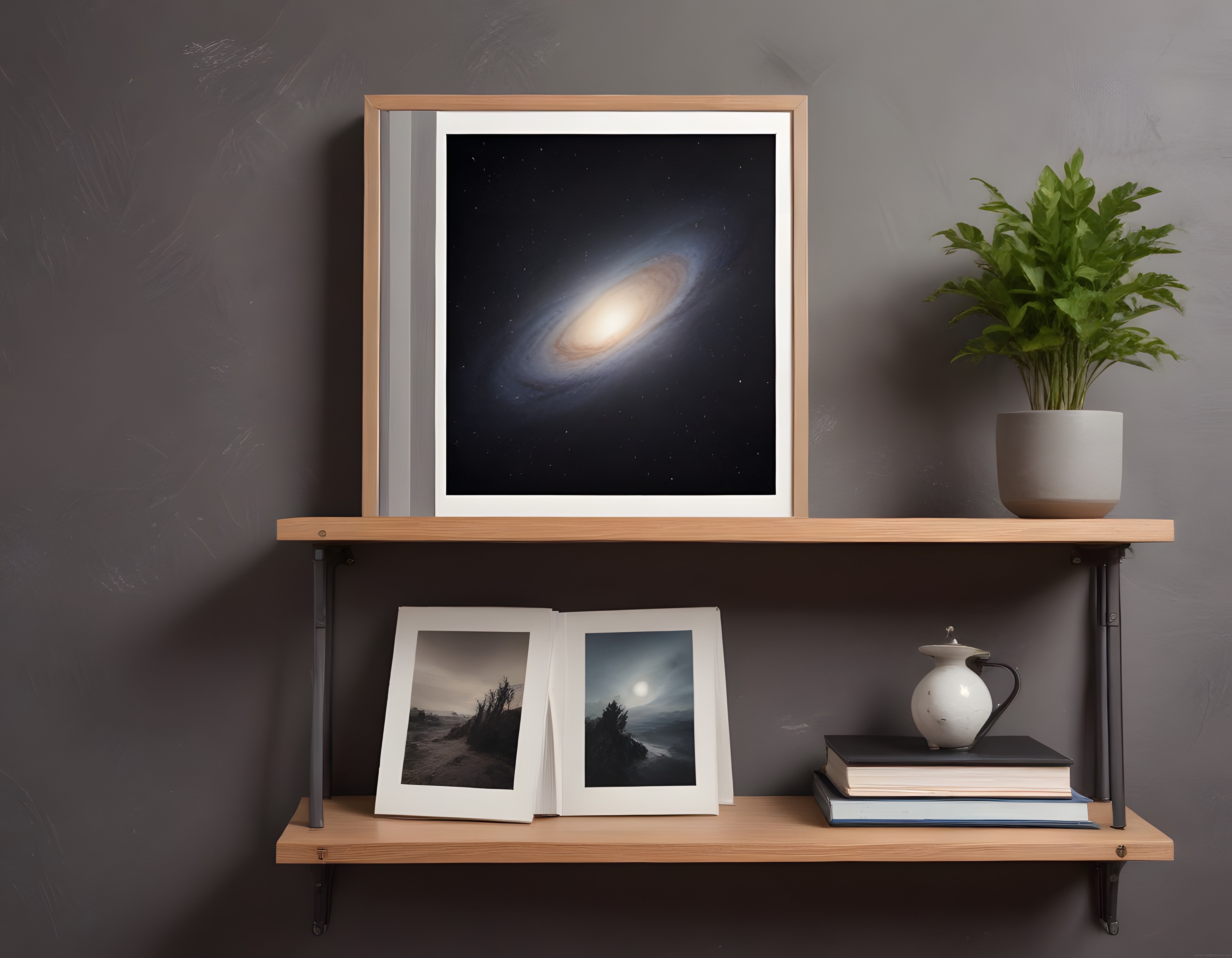 Duvar Rafı Üzerinde Çerçeveli Galaksi Posteri ve Modern Minimal Dekorasyon