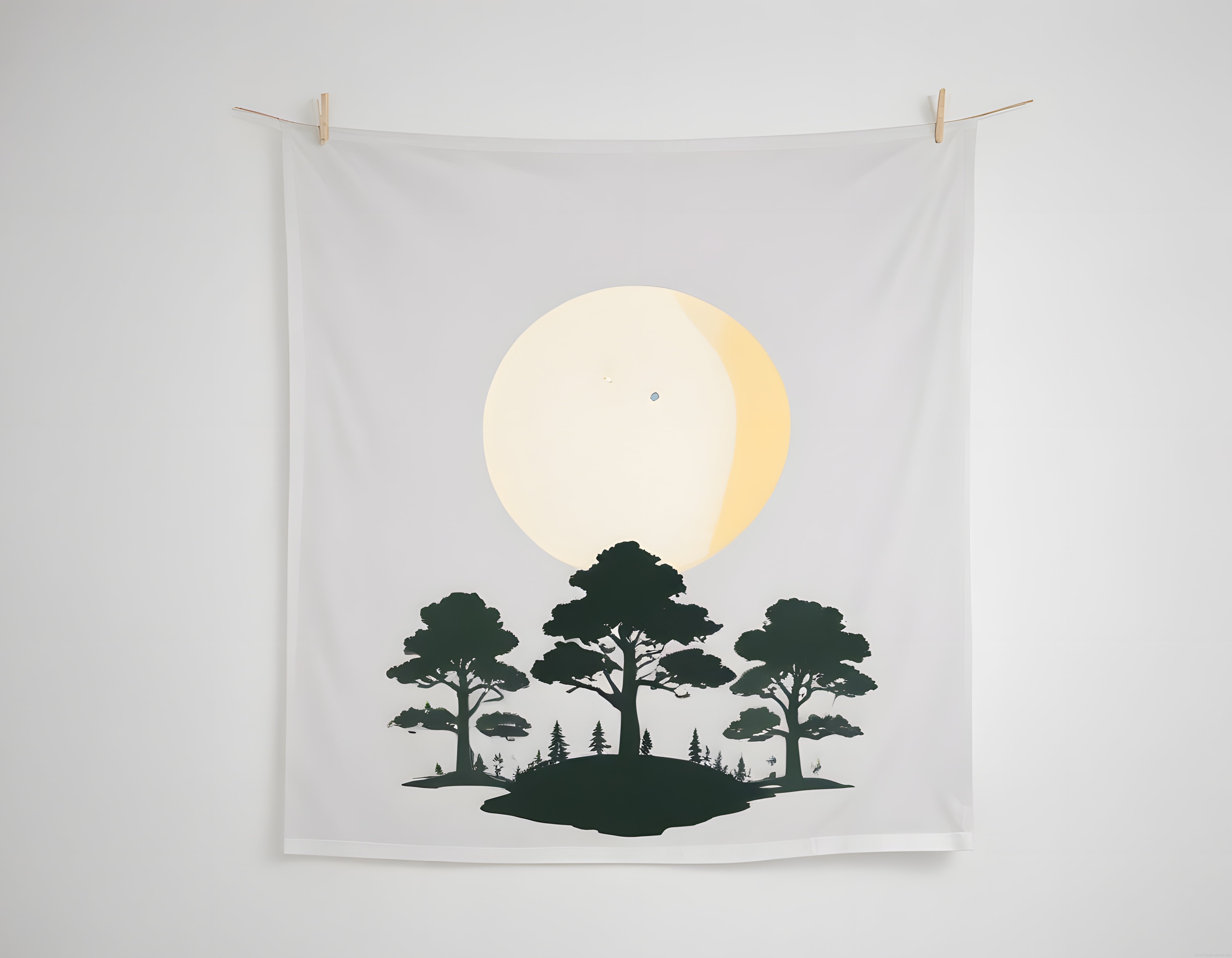 Duvara Asılı Minimalist Doğa Temalı Ağaç ve Ay Siluetli Dekoratif Kumaş
