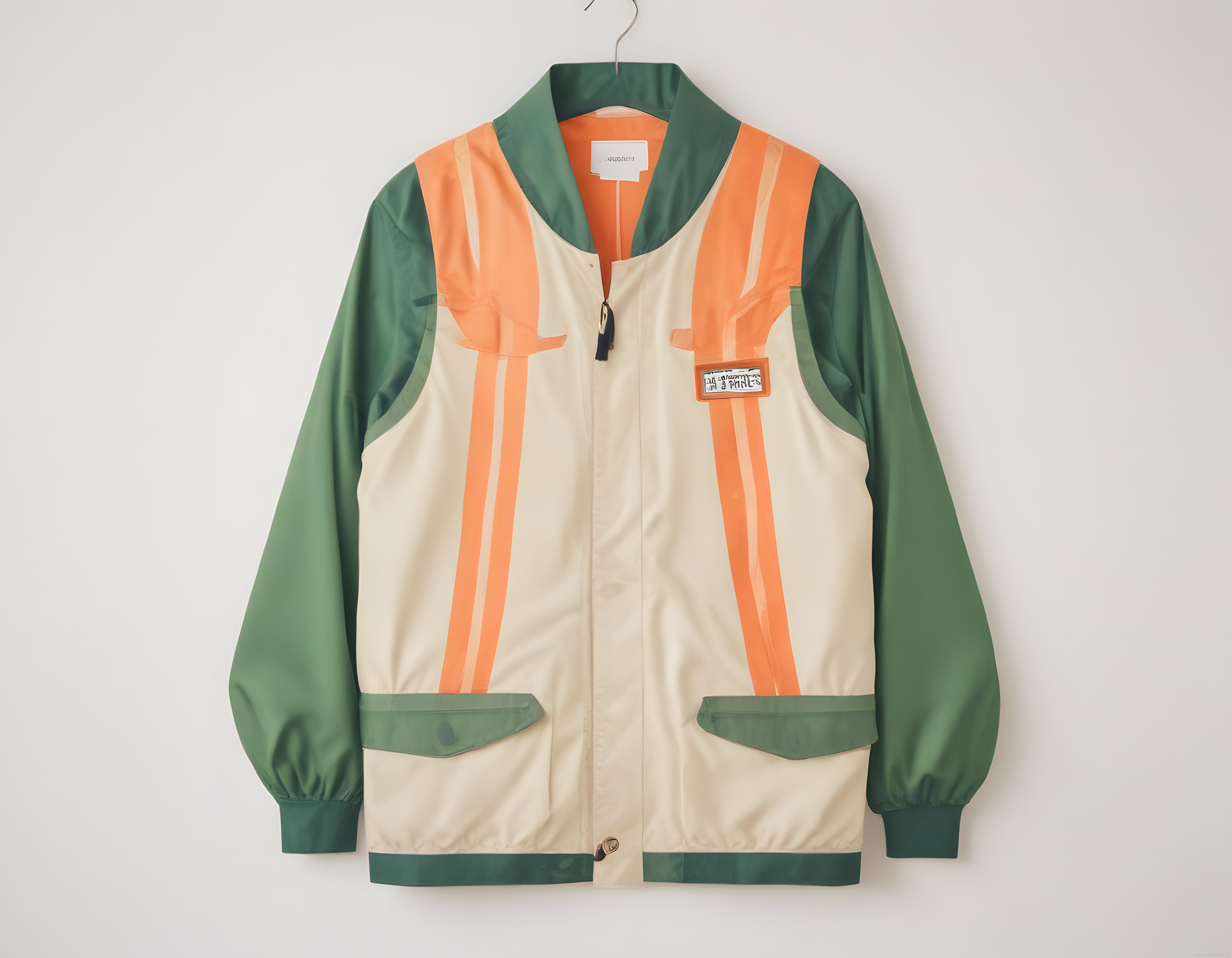 Duvara asılı retro tarzı yeşil turuncu ve krem renkli spor bomber ceket