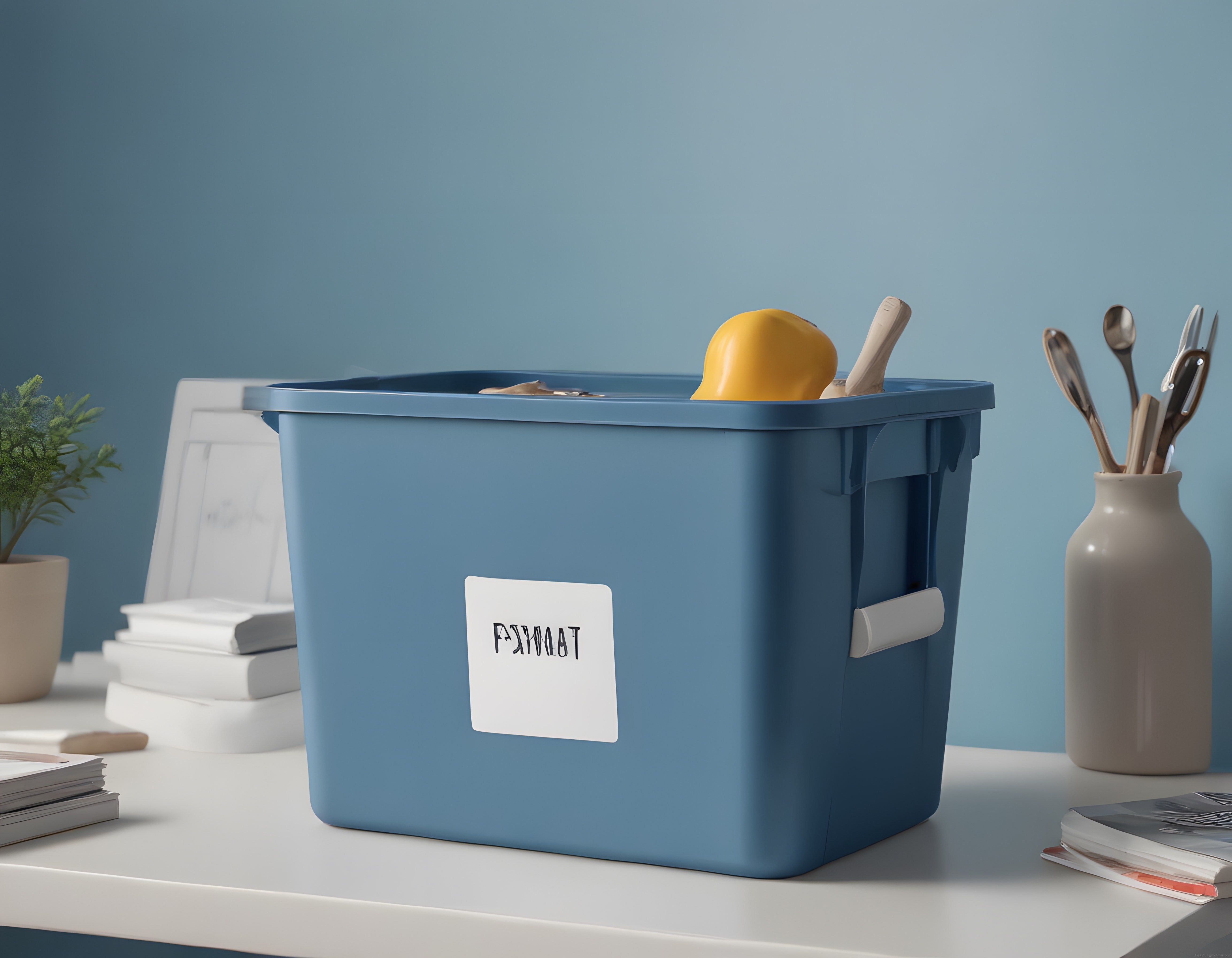 Düzenli Ev İçin Mavi Saklama Kutusu ve Minimalist Masa Dekorasyonu