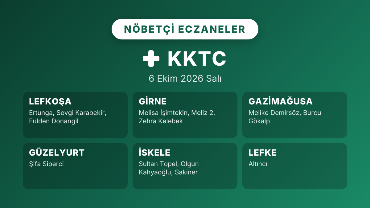 KKTC nöbetçi eczaneler: 6 Ekim 2026 Salı (tüm ilçeler)