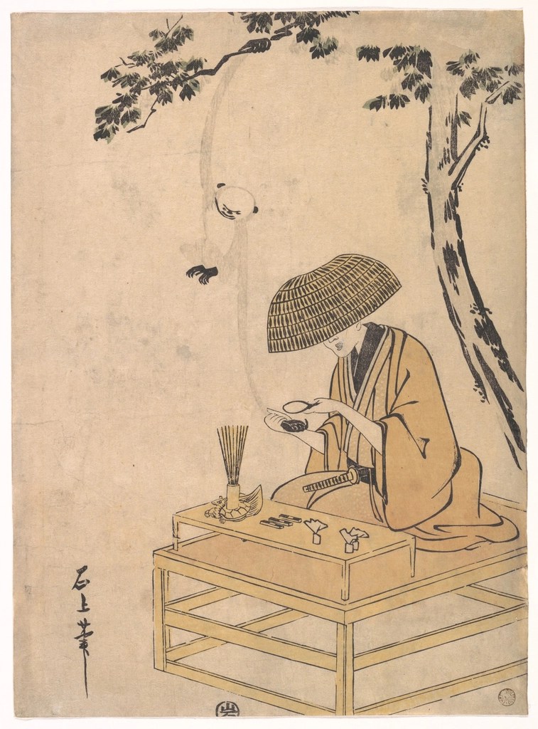 Edo Dönemi Japon Ukiyo-e Baskısı: Hasır Şapkalı Usta ve Gizemli Hava Hortumu