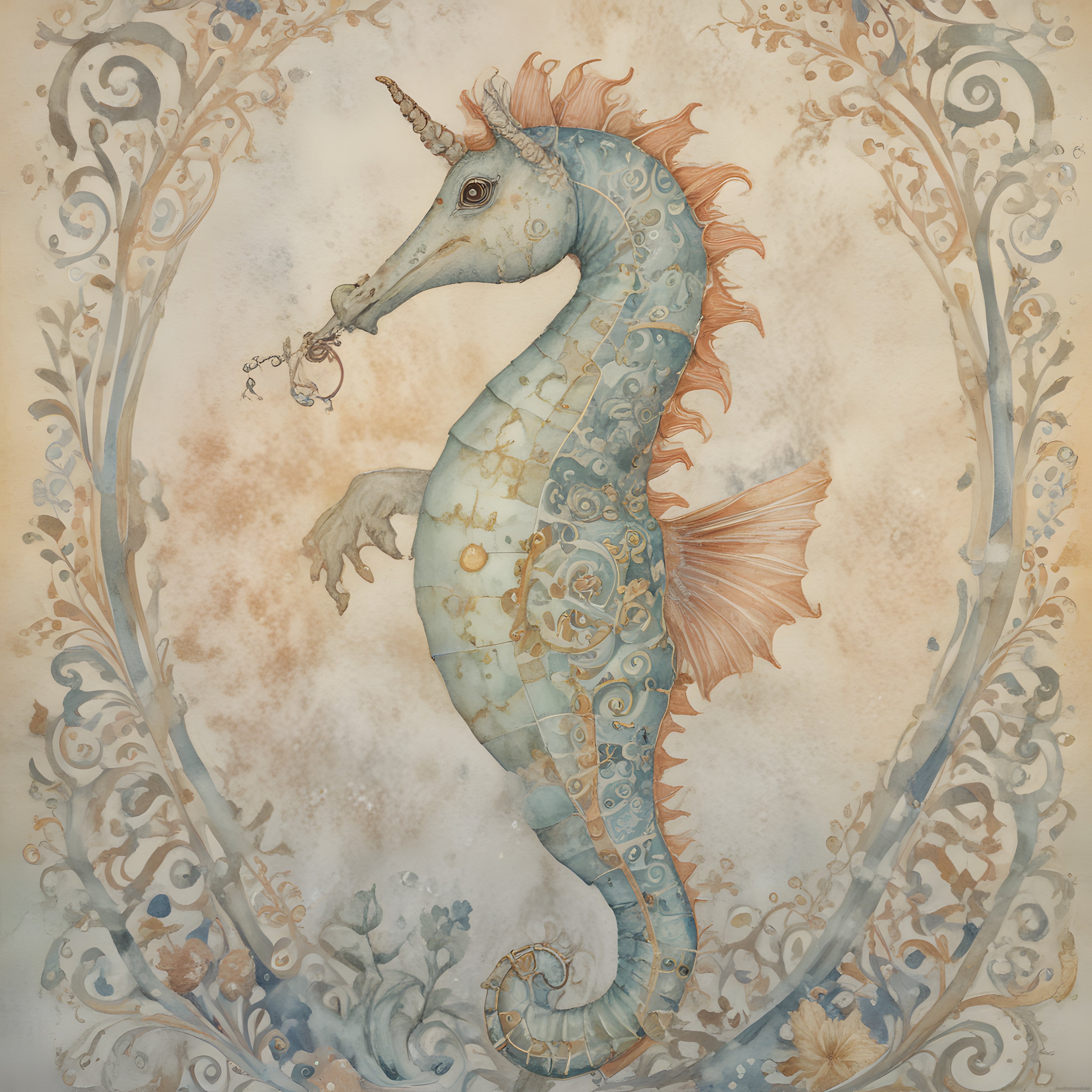 Efsanevi Deniz Unicornu: Vintage Tarzda Fantastik Denizatı İllüstrasyonu