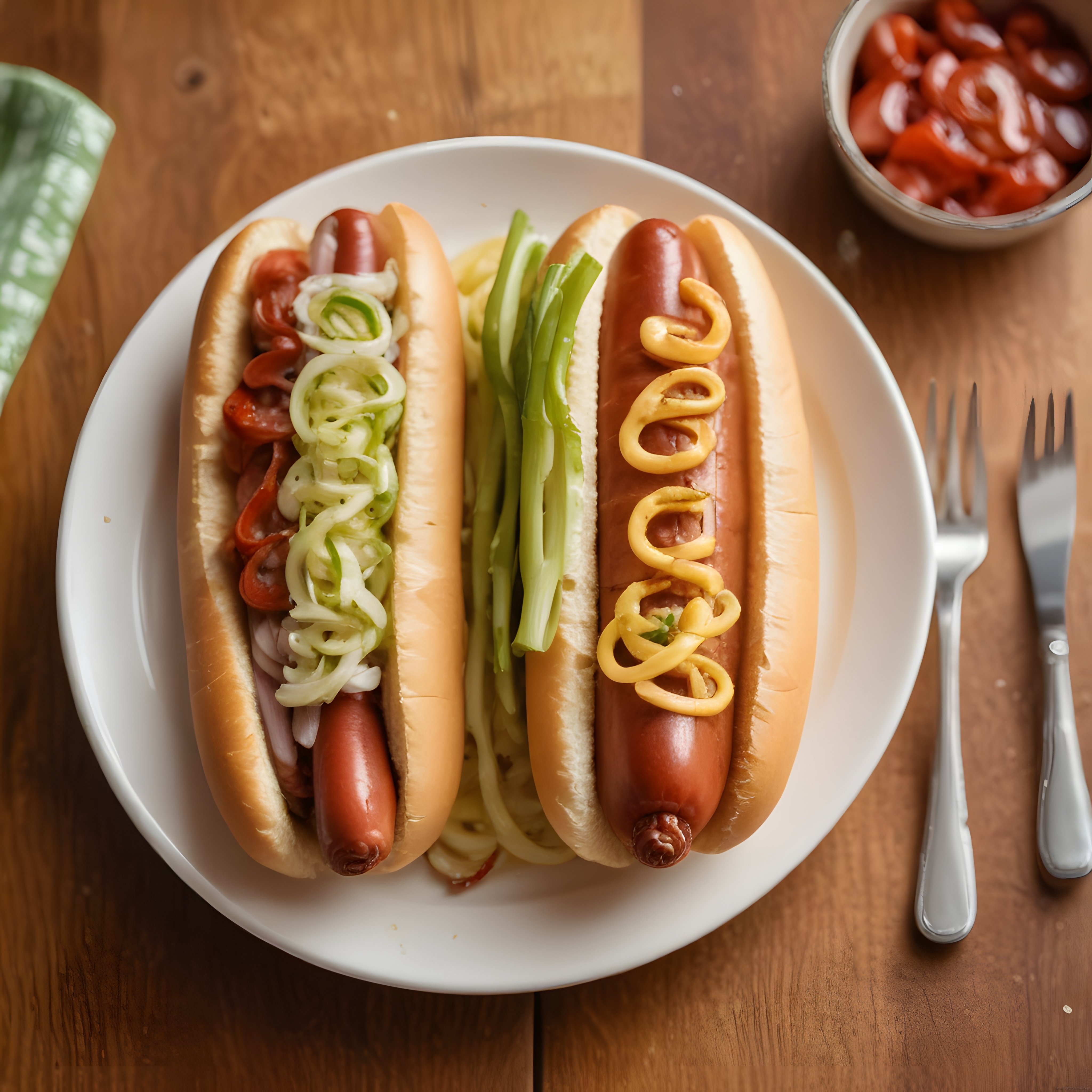 Efsanevi Lezzet: Sos ve Sebzelerle Süslenmiş İki Hot Dog ve Patates Kızartması