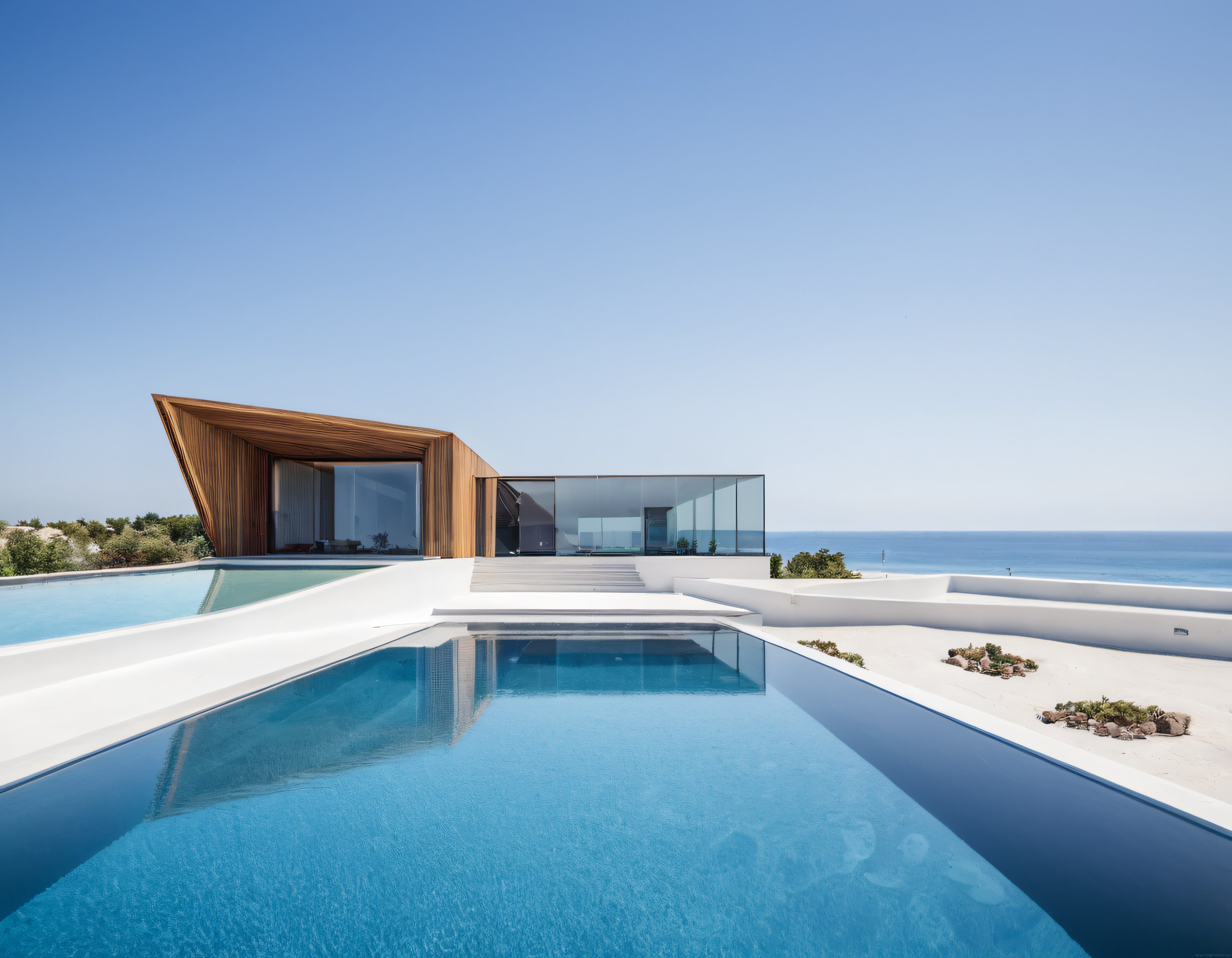 Eğimli Ahşap Çatılı Modern Villa ve Bembeyaz Sonsuzluk Havuzu Terası