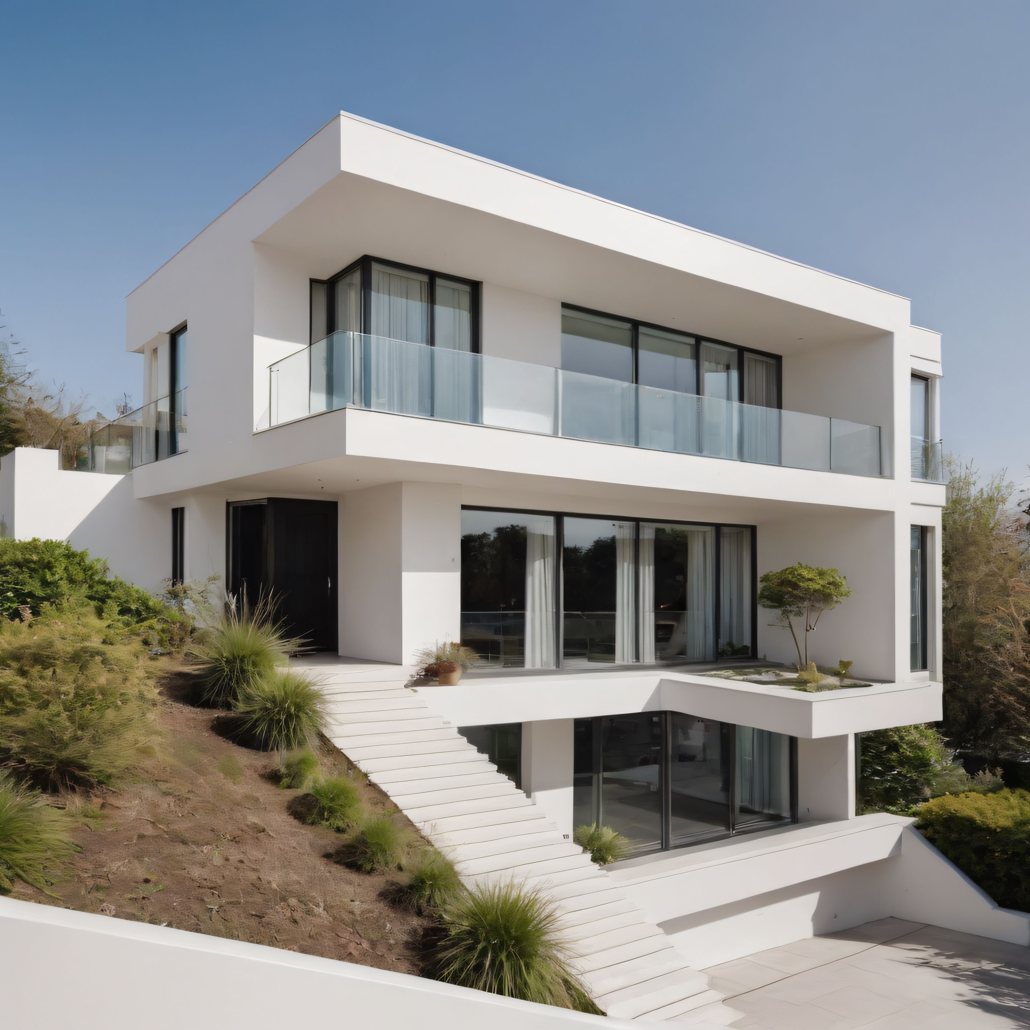 Eğimli Arsada Cam Detaylı Modern Beyaz Villa ve Minimal Bahçe