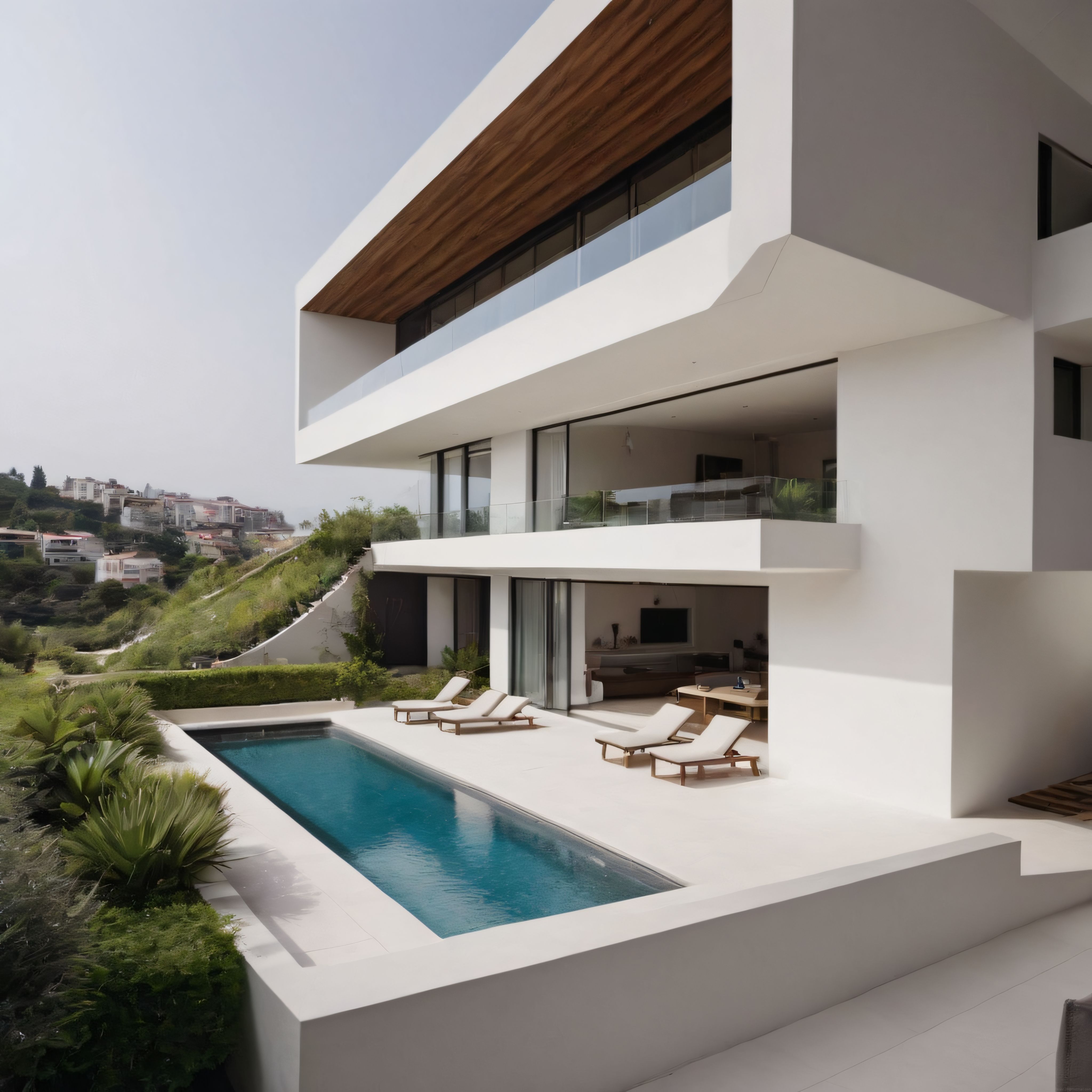 Eğimli Lokasyonda Modern Mimari Lüks Beyaz Villa ve Özel Yüzme Havuzu Görünümü