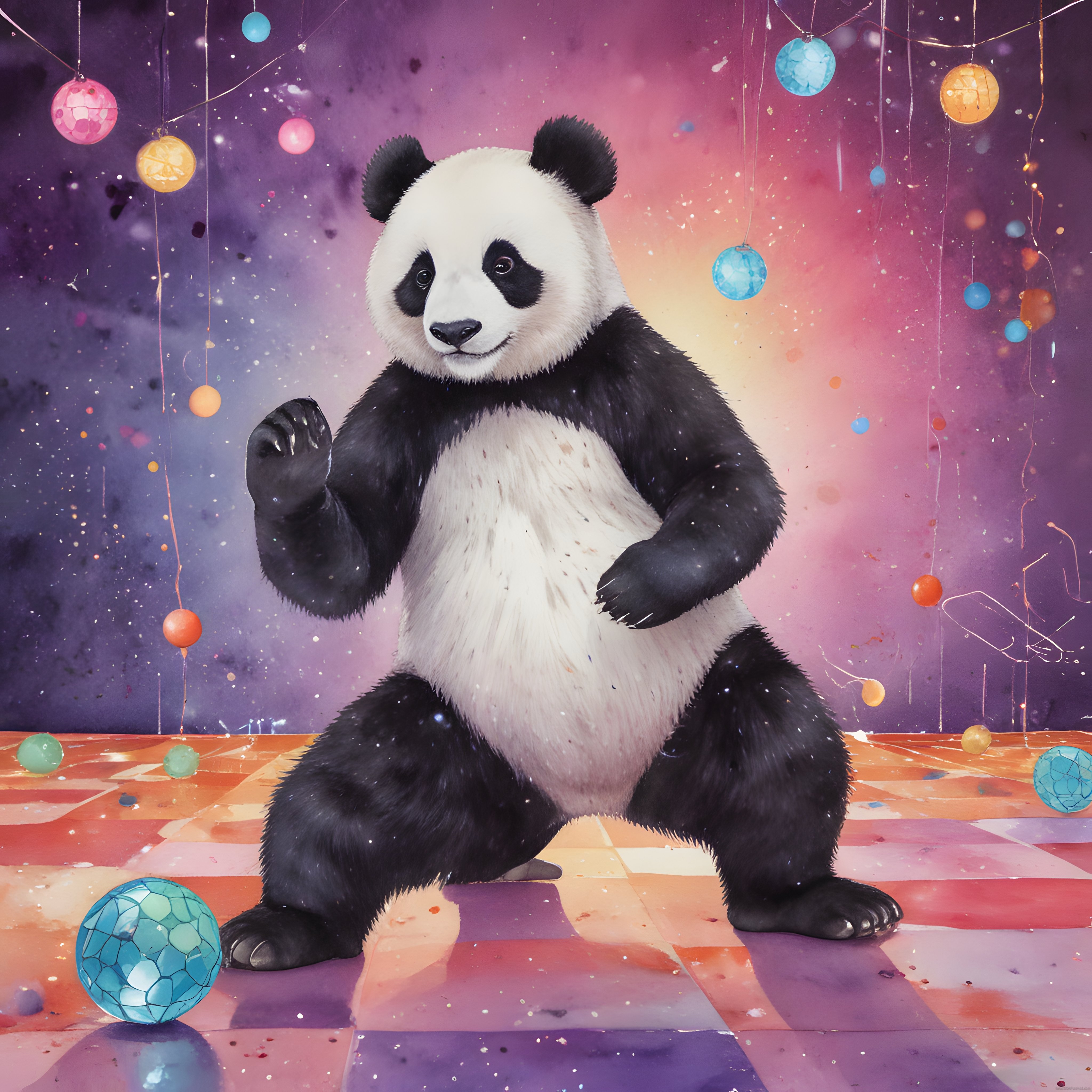 Eğlenceli Panda Renkli Disko Toplarıyla Süslenmiş Mor Galakside Dans Ediyor