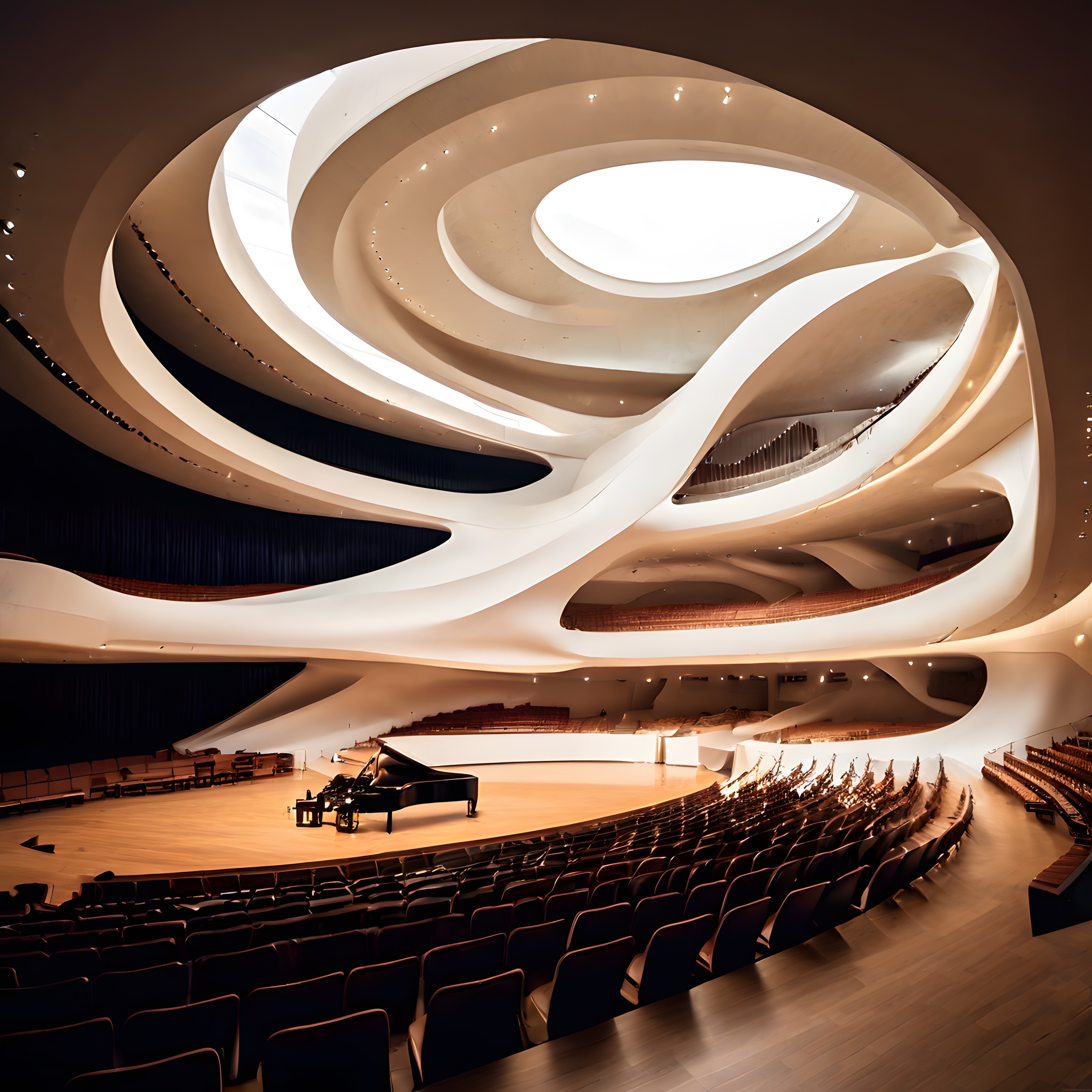 Eğrisel Formlarıyla Sınır Tanımayan Modern Bir Konser Salonu İç Mimari