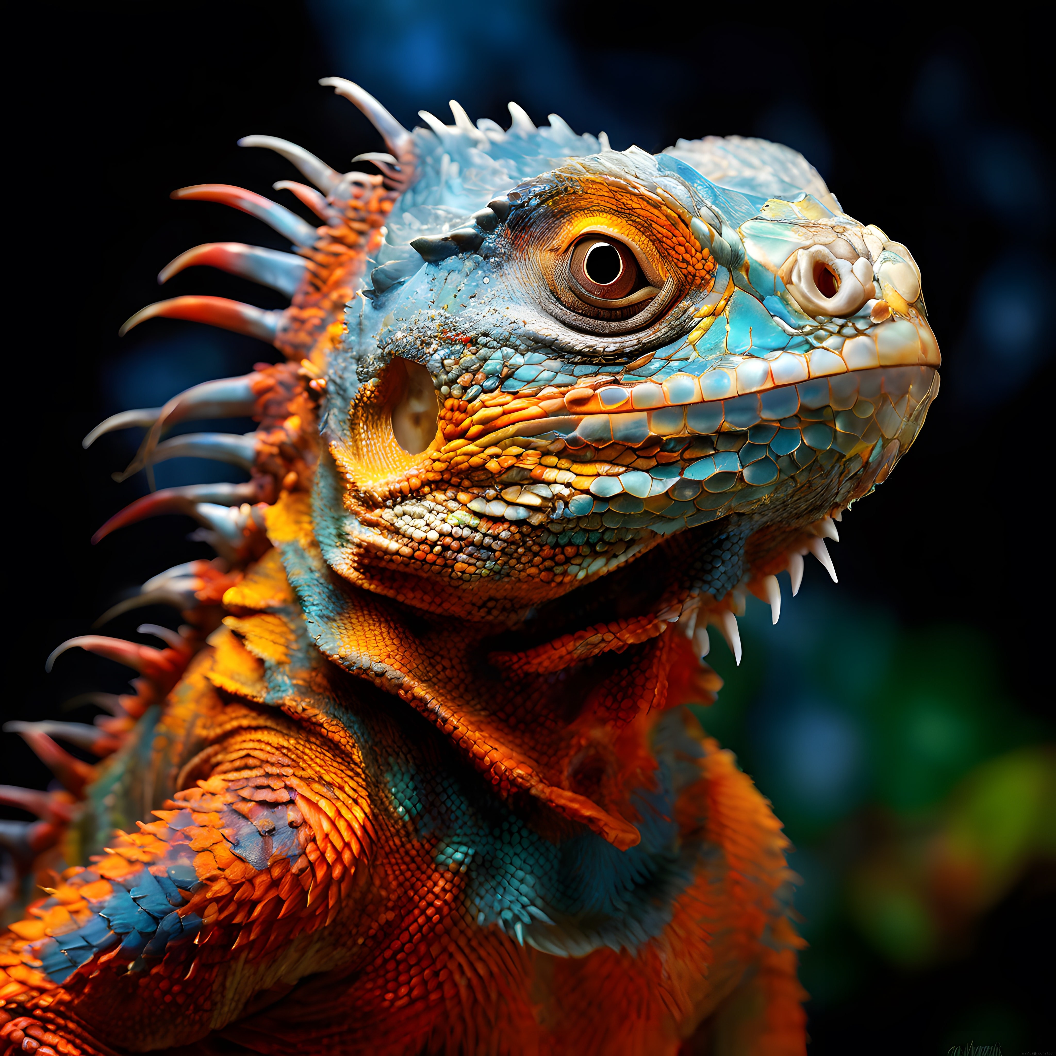 Egzotik Mavi Turuncu İguana: Makro Portrede Vahşi Sürüngen Detayları