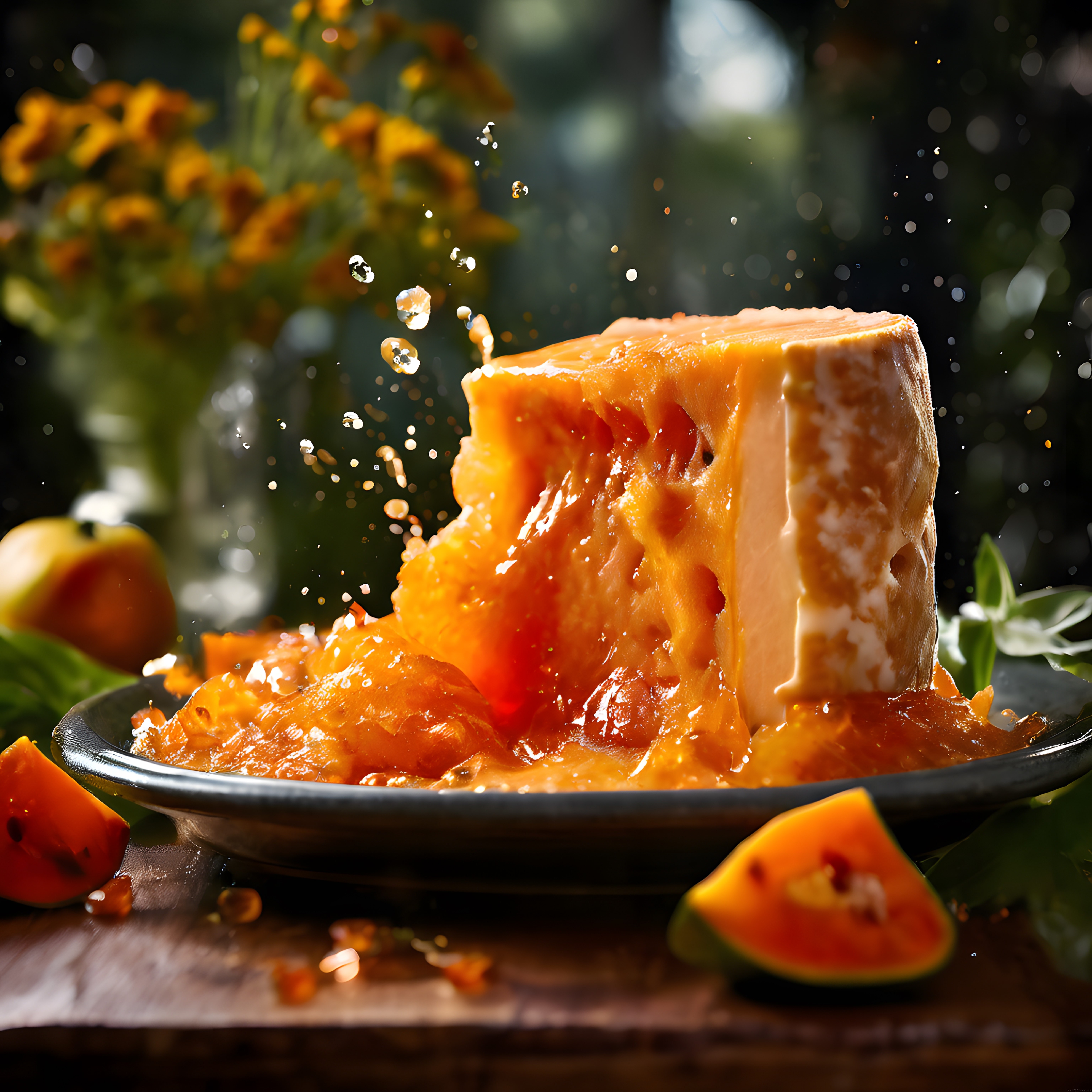 Egzotik Papaya Tatlısı: Sıçrayan Su Damlacıklarıyla Taze Meyve Sunumu