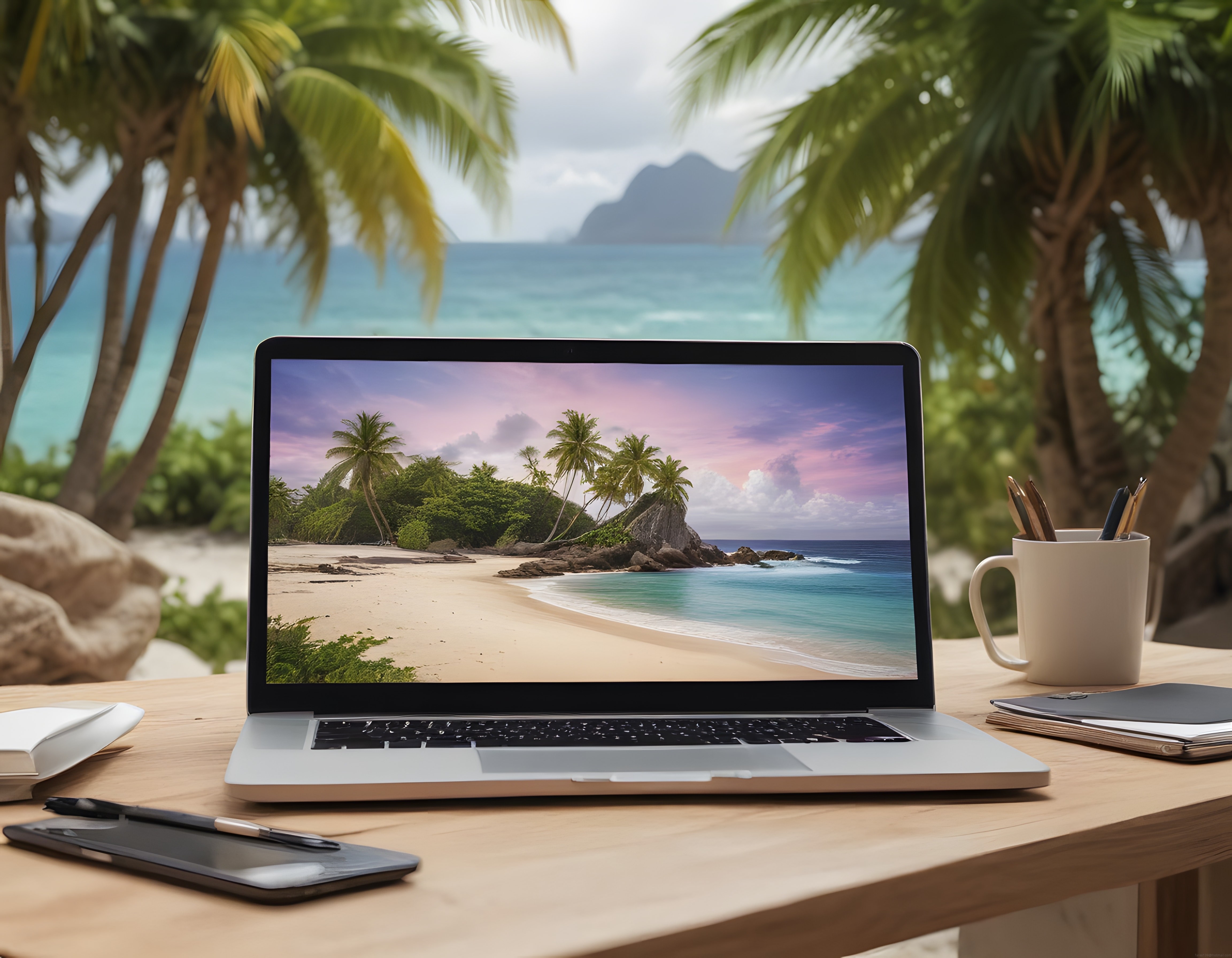 Egzotik Tropikal Plajda Ahşap Masada Laptop ile Uzaktan Çalışma Ortamı