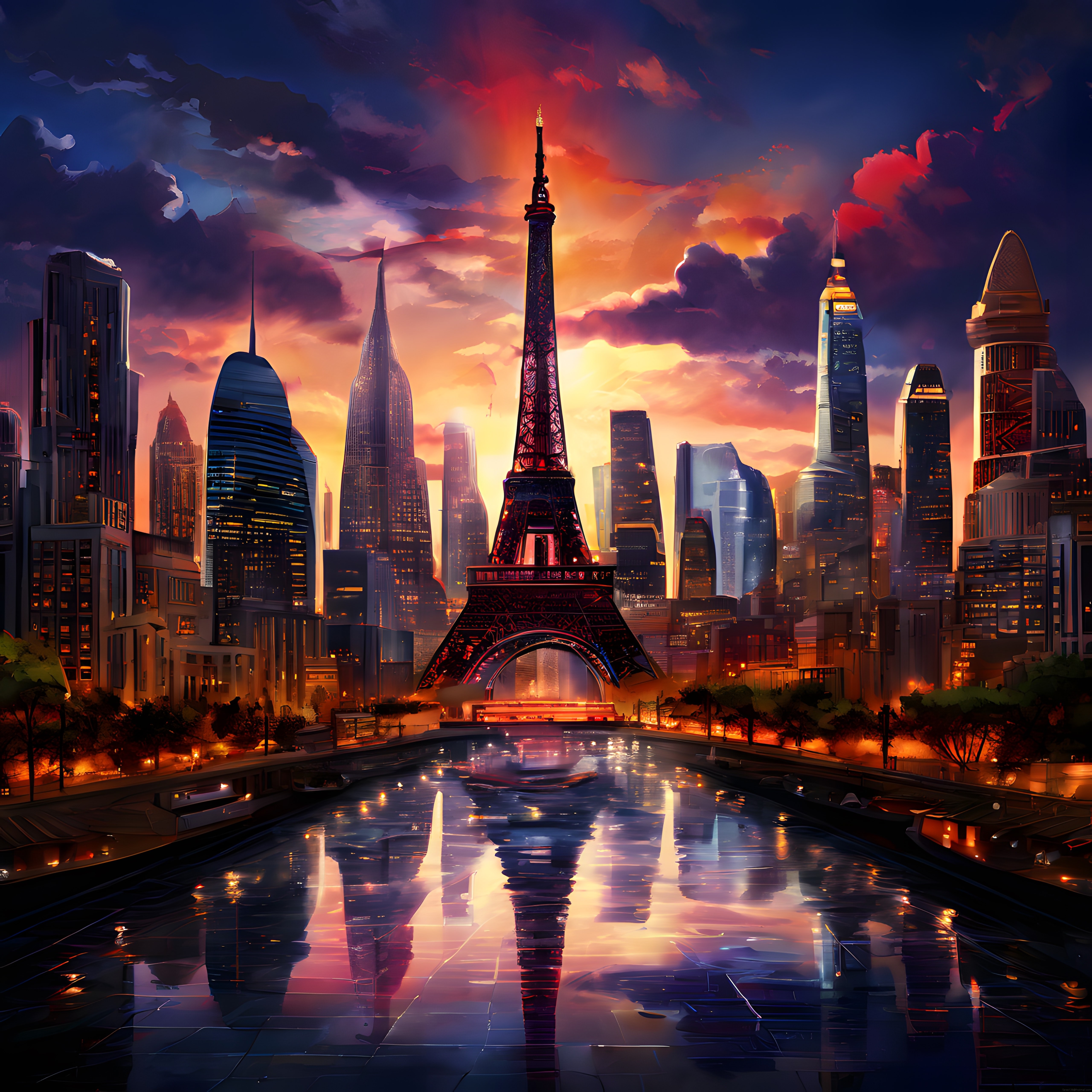 Eiffel Kulesi ve Modern Gökdelenlerin Dramatik Gün Batımıyla Dansı