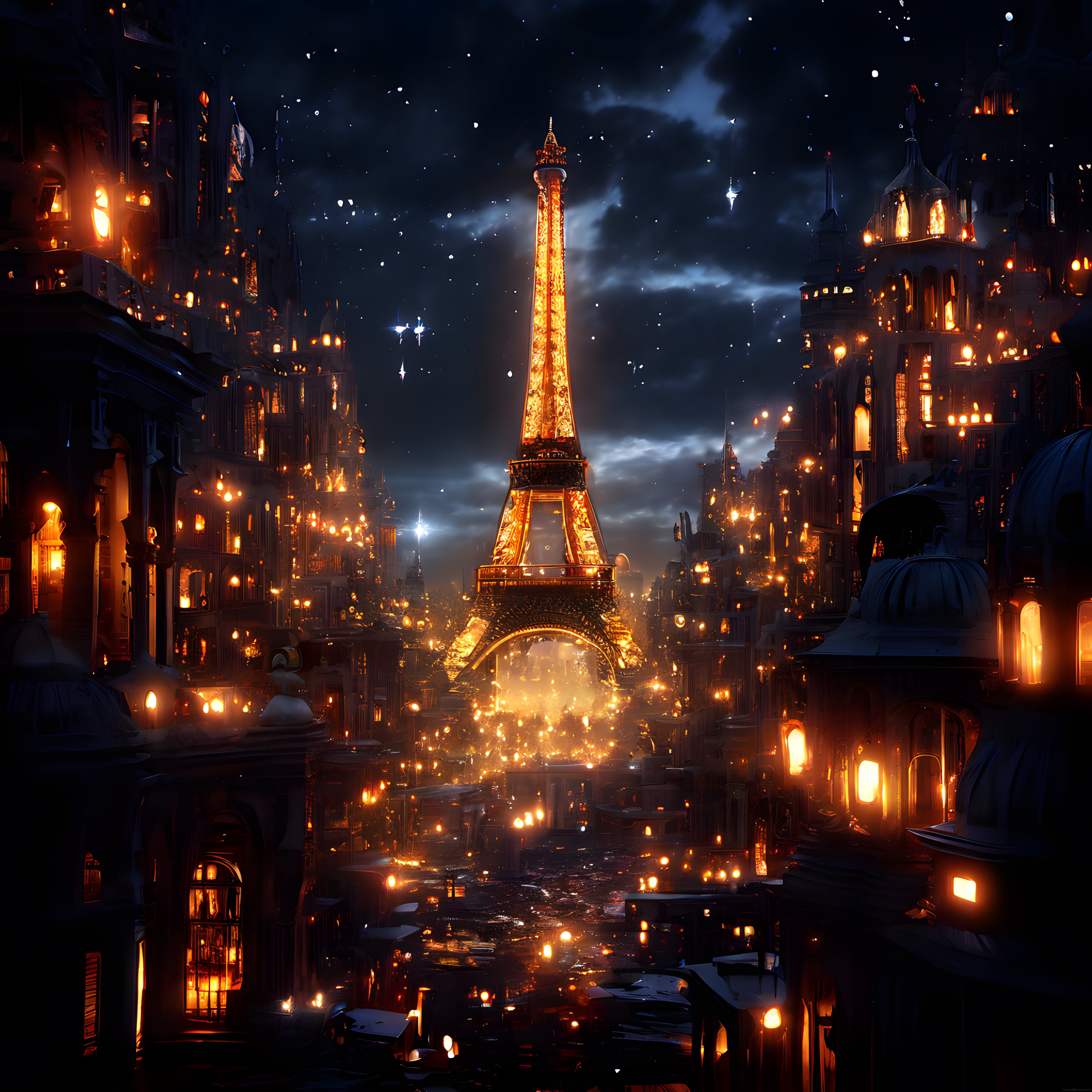 Eiffel Kulesinin Işıl Işıl Parladığı Büyülü Paris Gecesi Dijital Çizim