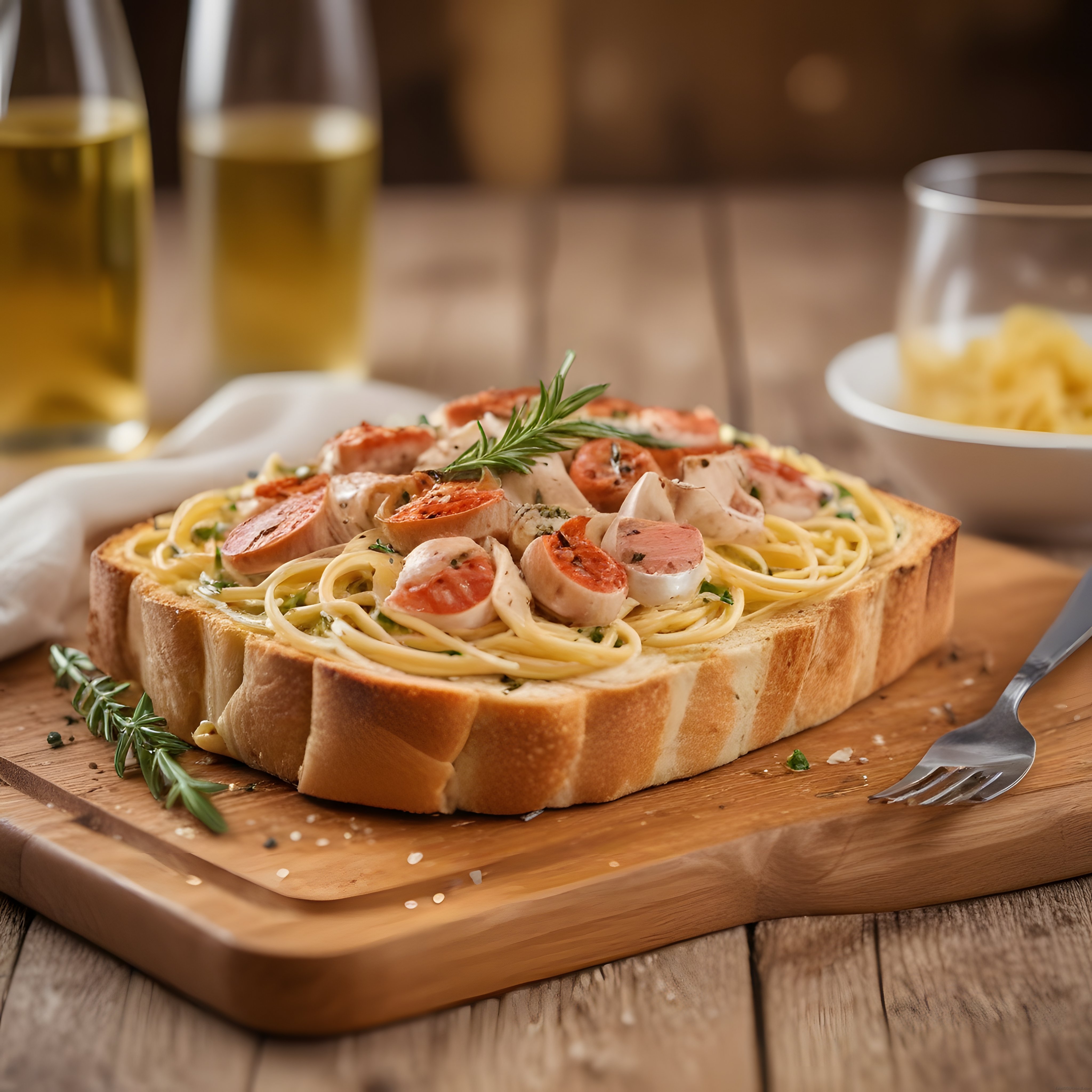 Ekmek Çanağında Kızarmış Tavuklu ve Sosisli Spagetti Sunumu ve Tarifi