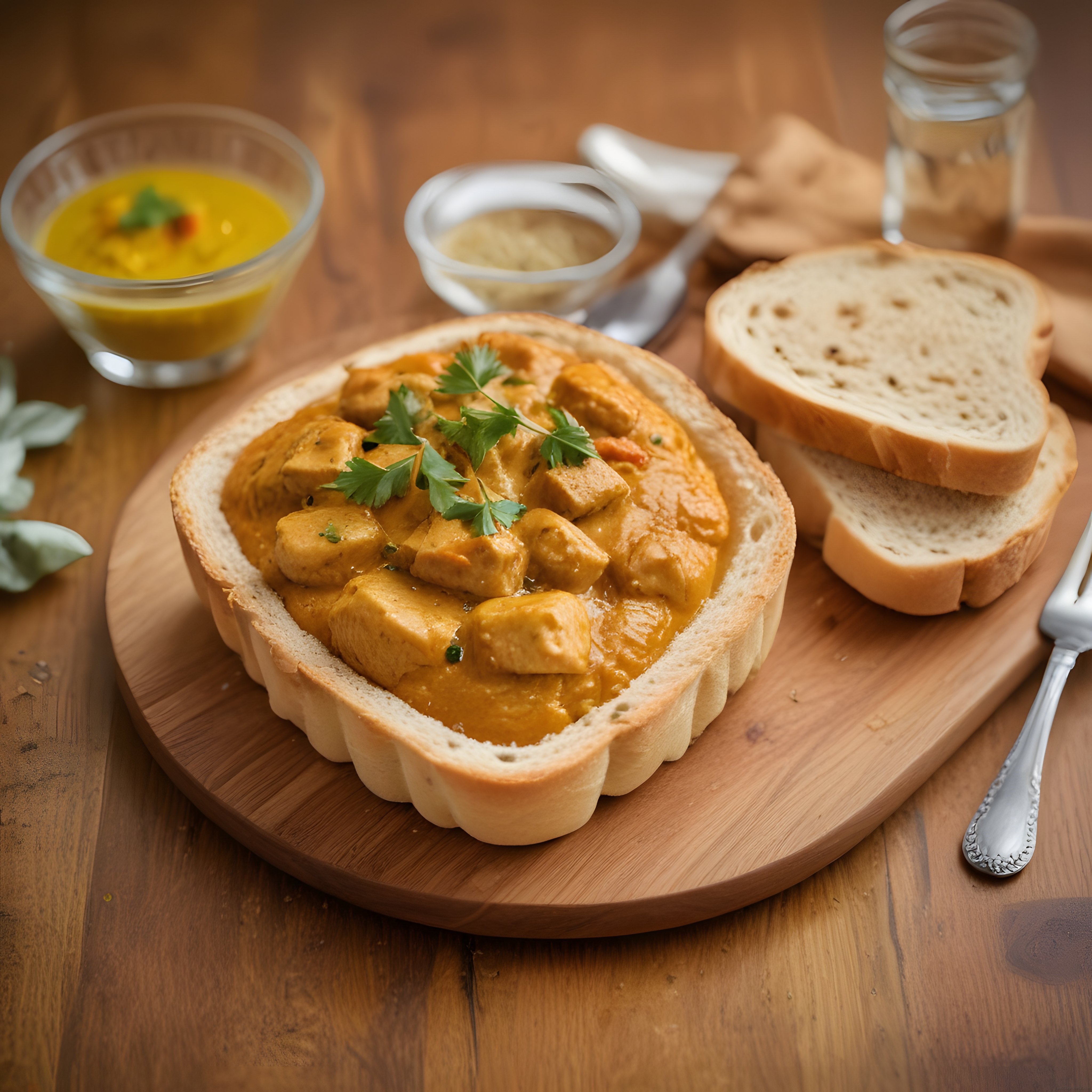 Ekmek Kasesinde Köri Soslu Tavuk Yemeği ve Taze Ekmek ile Sıcak Sunum