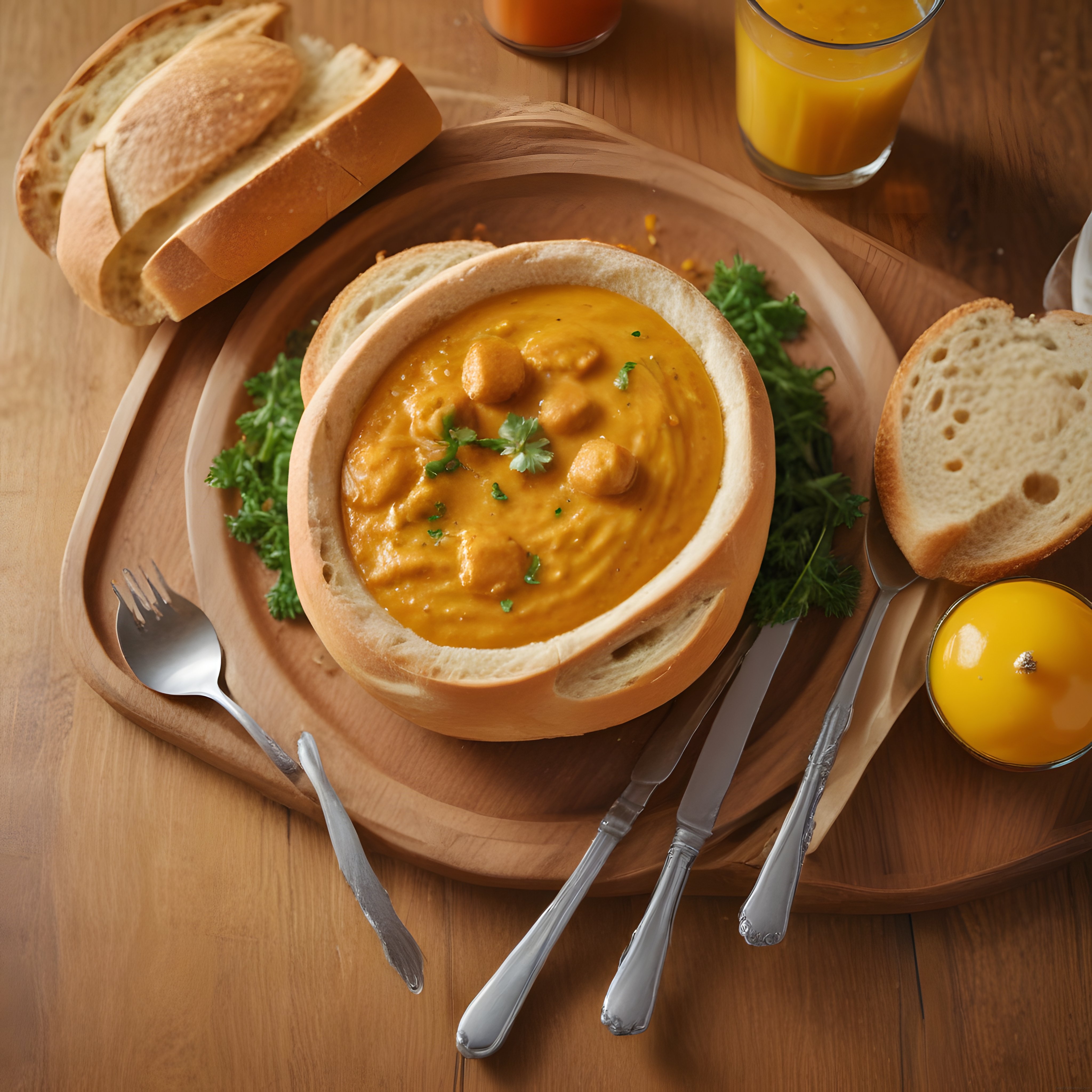 Ekmek kasesinde kremalı çorba ve taze ekmek dilimleriyle şahane sunum