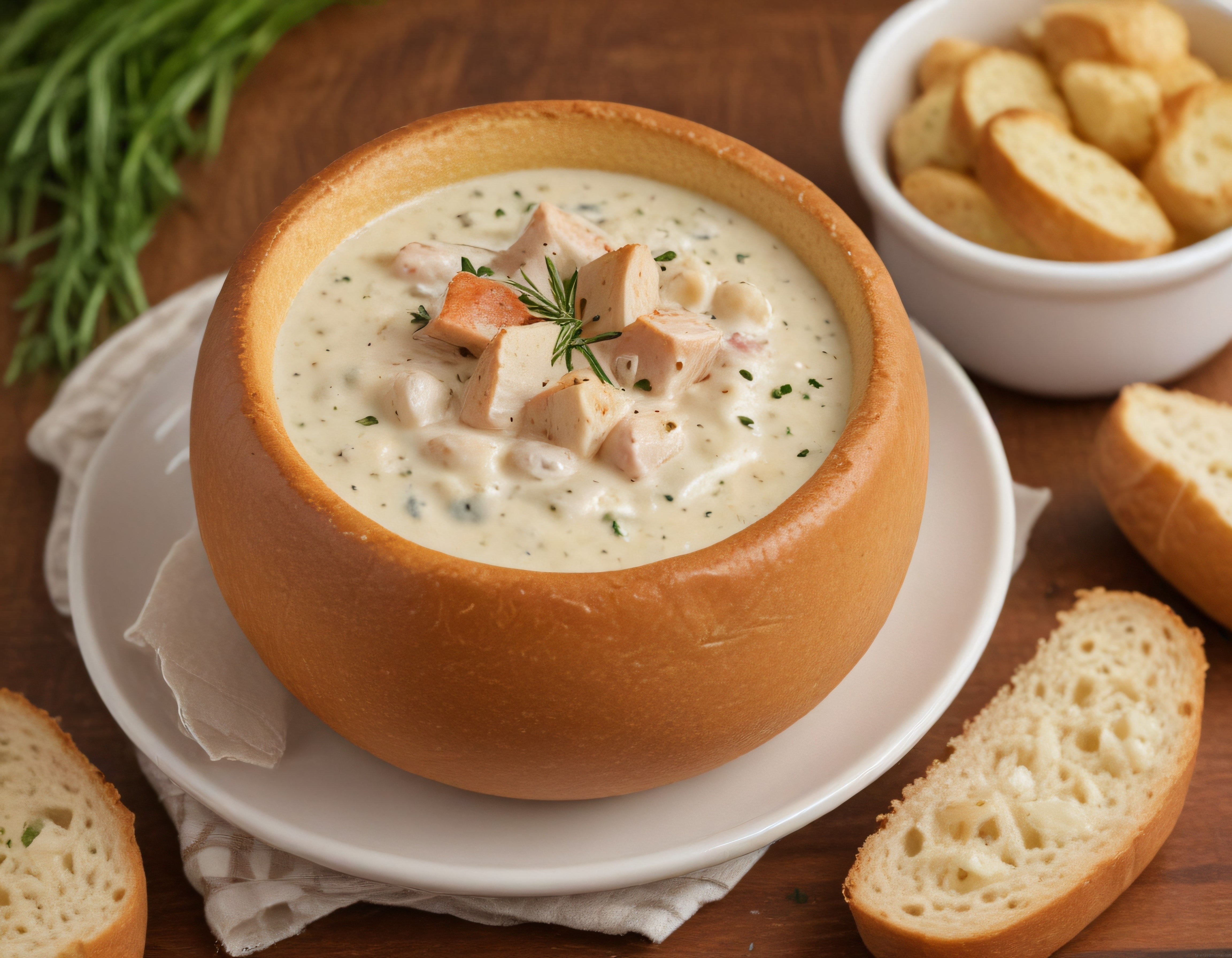 Ekmek Kasesinde Kremalı Tavuk Çorbası ve Fırında Kızarmış Ekmekler